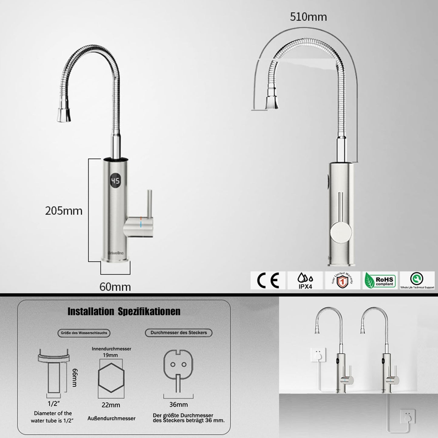 Robinet Chauffe eau Électrique Instantané 3200W, 230V Robinet Chauffant Instantané Cuisine avec Affichage de la Température LED et Flexible Bec, Rotatif à 360° Mitigeur