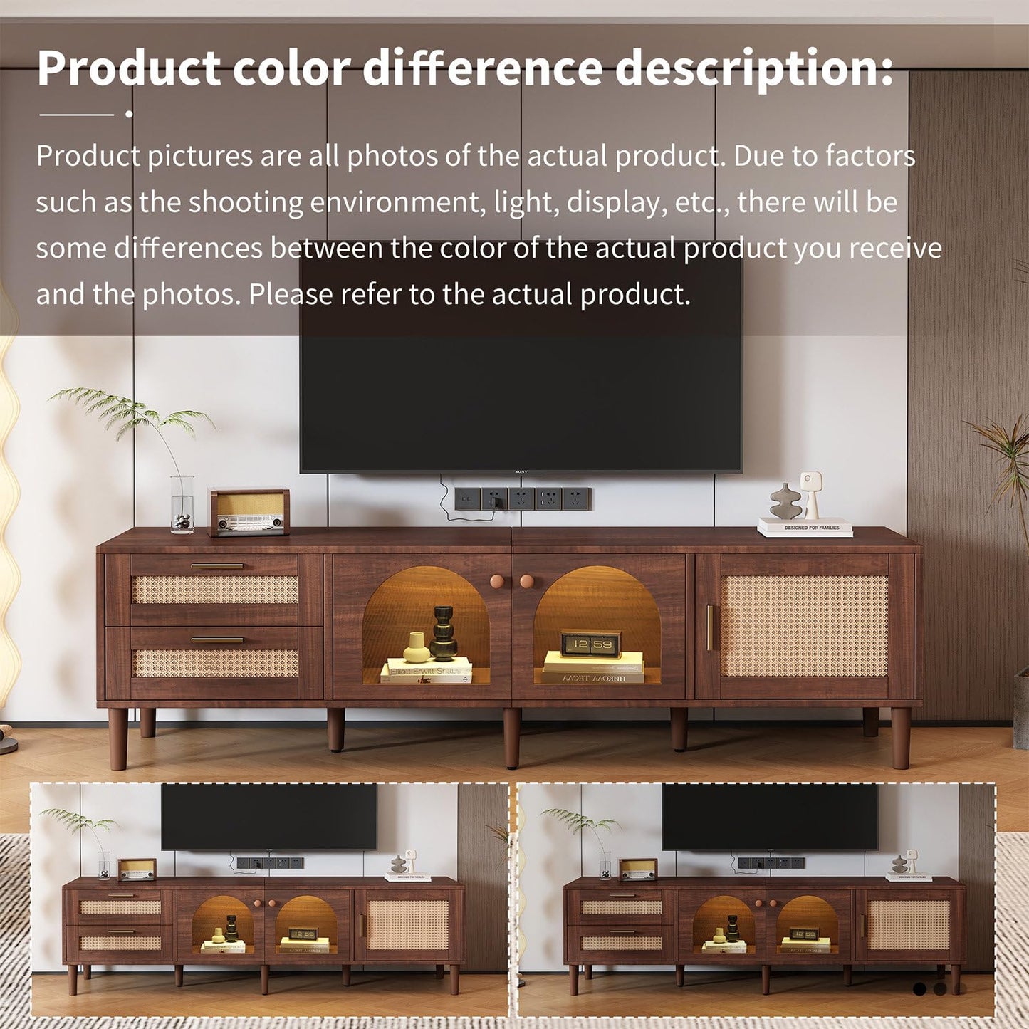 Meuble TV 180cm, Armoire De Télévision Rotin Tressé, Meuble Télé de Salon Convient Aux Téléviseurs de 80 Pouces, Table Télévision 2 Ports de Gestion des Câbles, 2 Portes 2 Tiroirs 4 Étagères Ouvertes