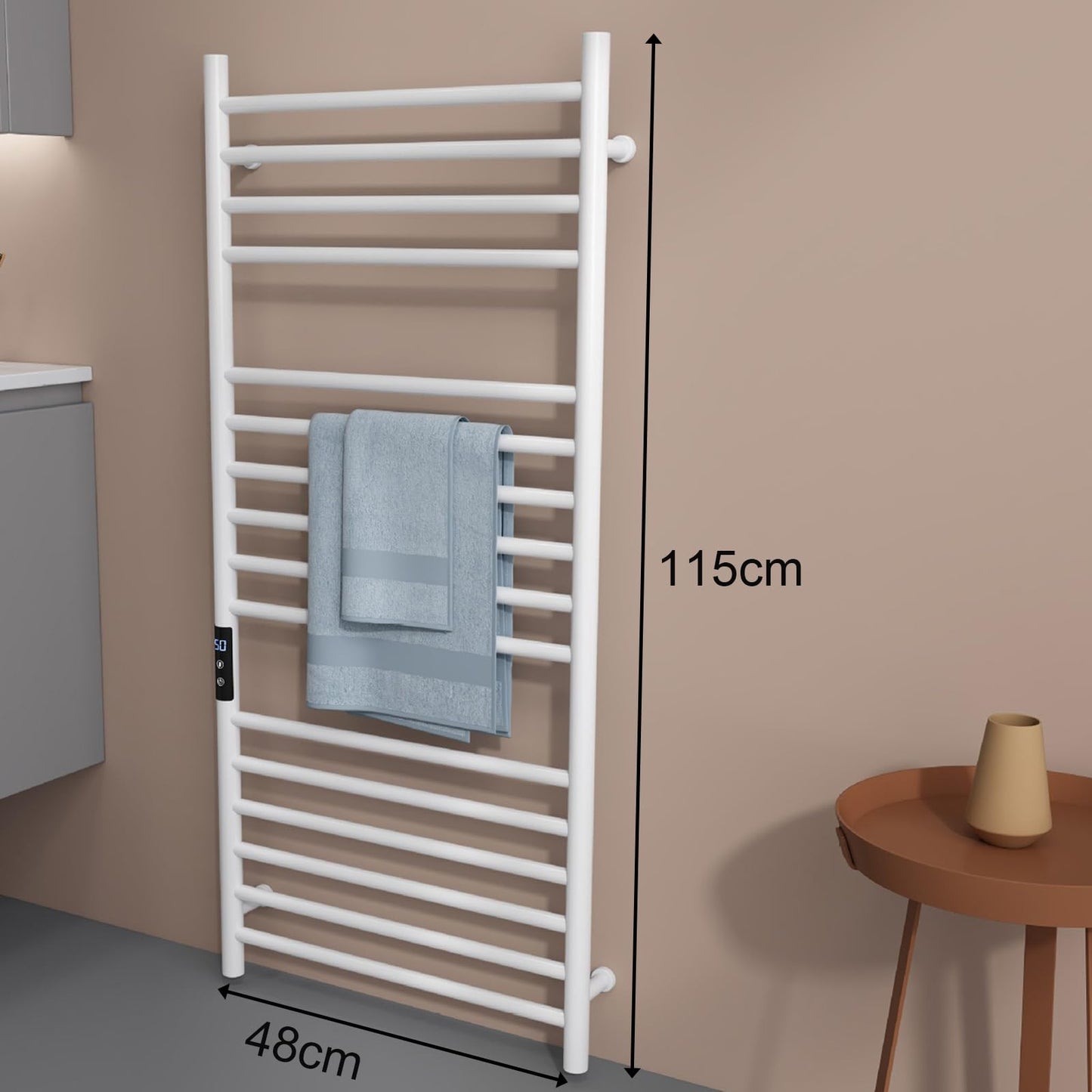 Sèche-Serviettes Électrique, 200W Radiateur Salle de Bain Affichage Numérique Porte-Serviettes Chauffant Murale 16 Barres Sèche-Serviettes Chauffant 304 Acier Inoxydable, 115 * 48 * 1.2cm