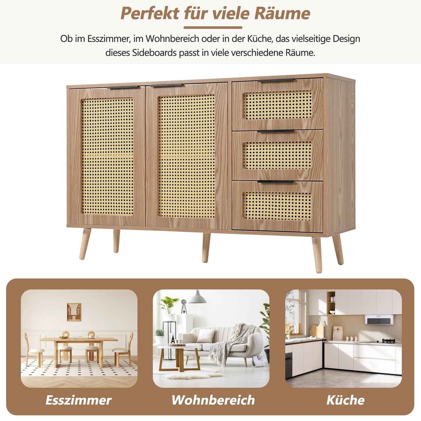Buffet Vintage Rotin Style Bohème Bahut avec 2 Portes et 3 Tiroirs, Équipé de Poignées Noires, Armoire de Style Maison de Campagne pour Salle à Manger, Cuisine, Entrée, Salon (Bois Naturel/Noyer)