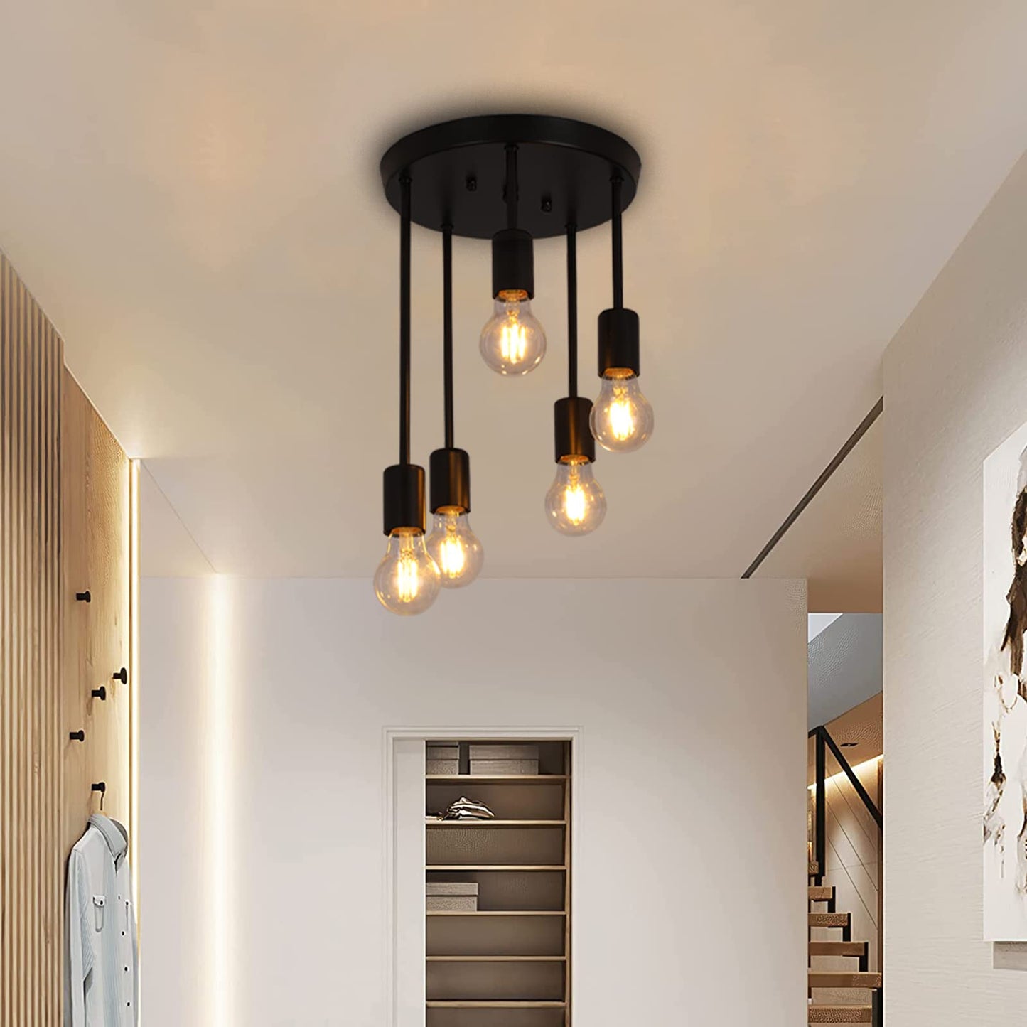 Plafonnier rétro, Lustre de ferme noir 5 lumières, Pendante Suspension Luminaire Industriel E27, Lampe Suspension Métal Retro, Plafonnier Luminaire, pour Chambre Salon et Cuisine hall-B
