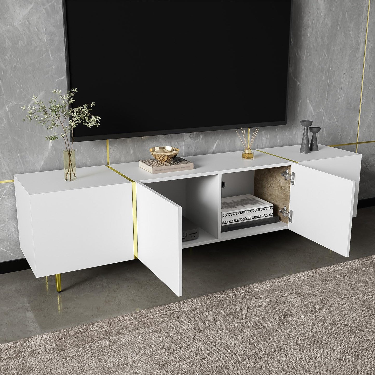 Meuble TV 170cm, Meuble Télé de Salon Quatre Portes Haute Brillance, Armoire De Télévision avec 2 Ports de Gestion des Câbles, Table Télévision Peut Accueillir Un Téléviseur de 70 Pouces, 170x35x46cm