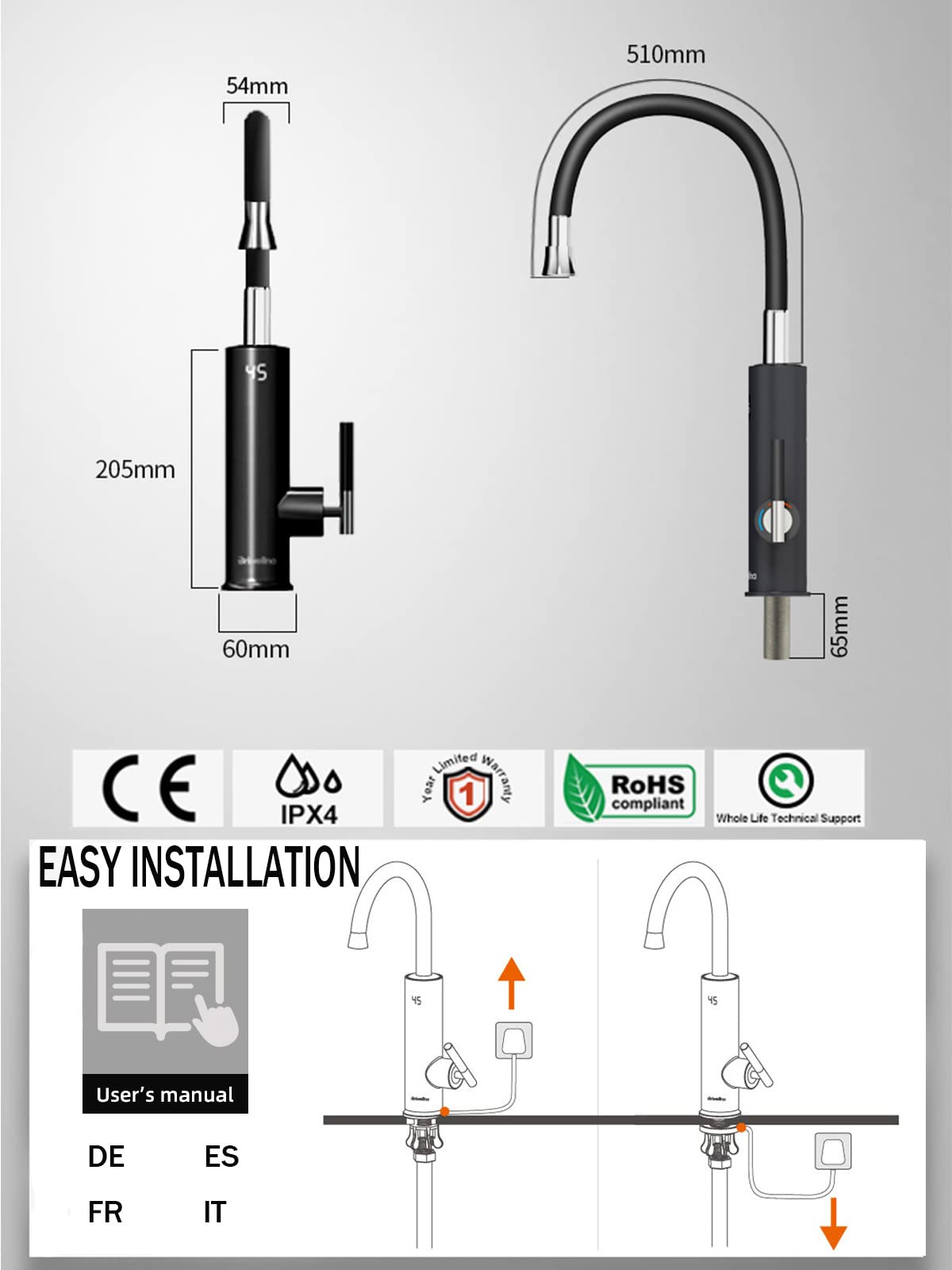Robinet Électrique Сhauffe-Eau Instantané 3200W, Rotatif à 360° Robinet Evier de Cuisine en Acier Inoxydable avec Affichage de la Température LED et Flexible Bec, 230V Robinet Chauffant Instantané