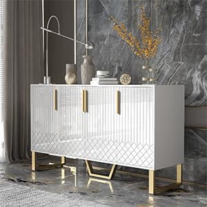 Peiaw Buffet,Meuble de Cuisine Rangement,Blanc bahut,Buffet 4 Portes, Armoire de Cuisine, Buffet avec poignées et Pieds en métal, 140 x 40 x 80 cm, adapté pour Chambre, Salon, Balcon, Bureau.