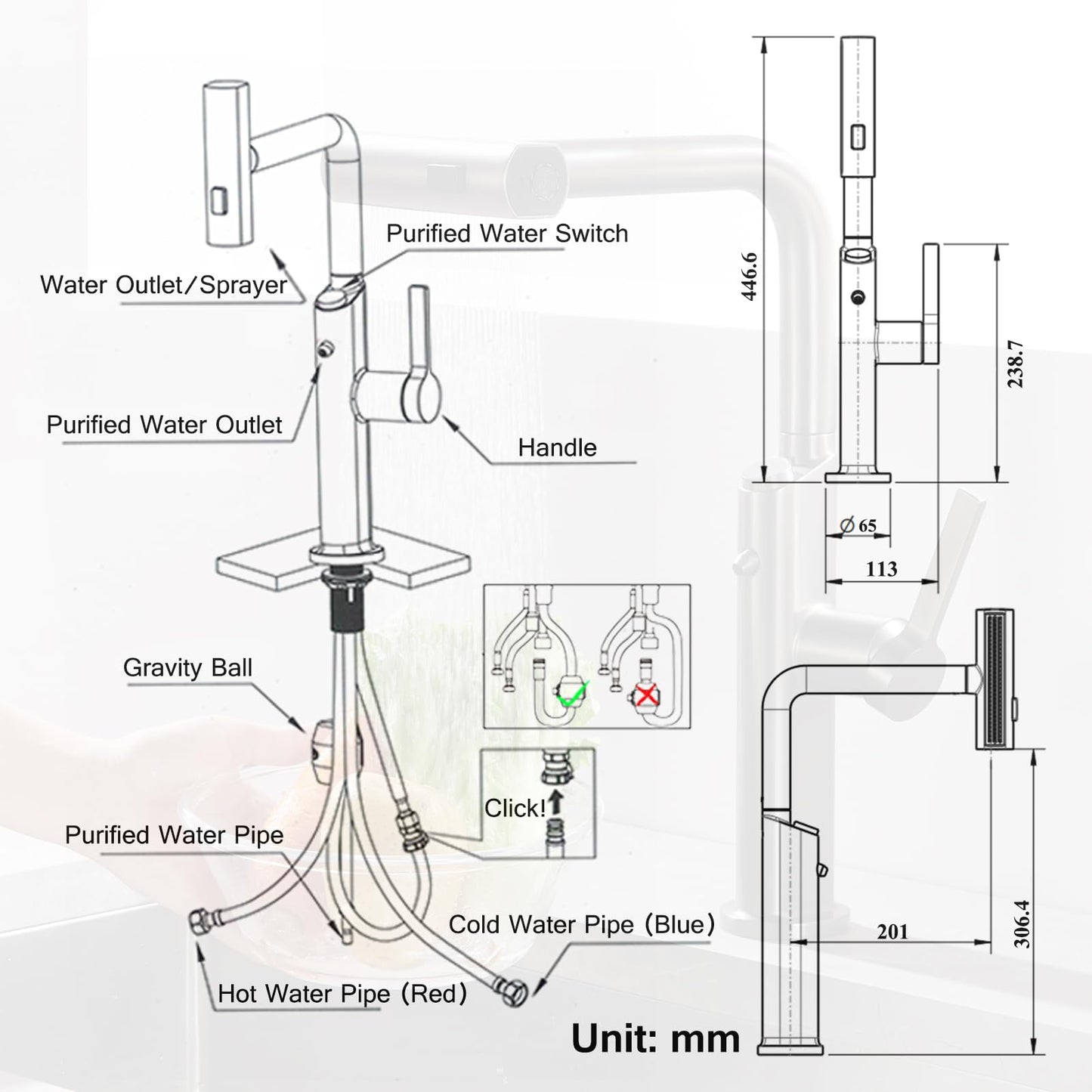 Cuisine 3 Voies avec Douchette Extractible, Robinetterie eau Potable Pivotant à 360°, 4 Modes Robinet Cuisine Cascade, Robinet Mitigeur Évier de Cuisine pour Systèmes d'Osmose