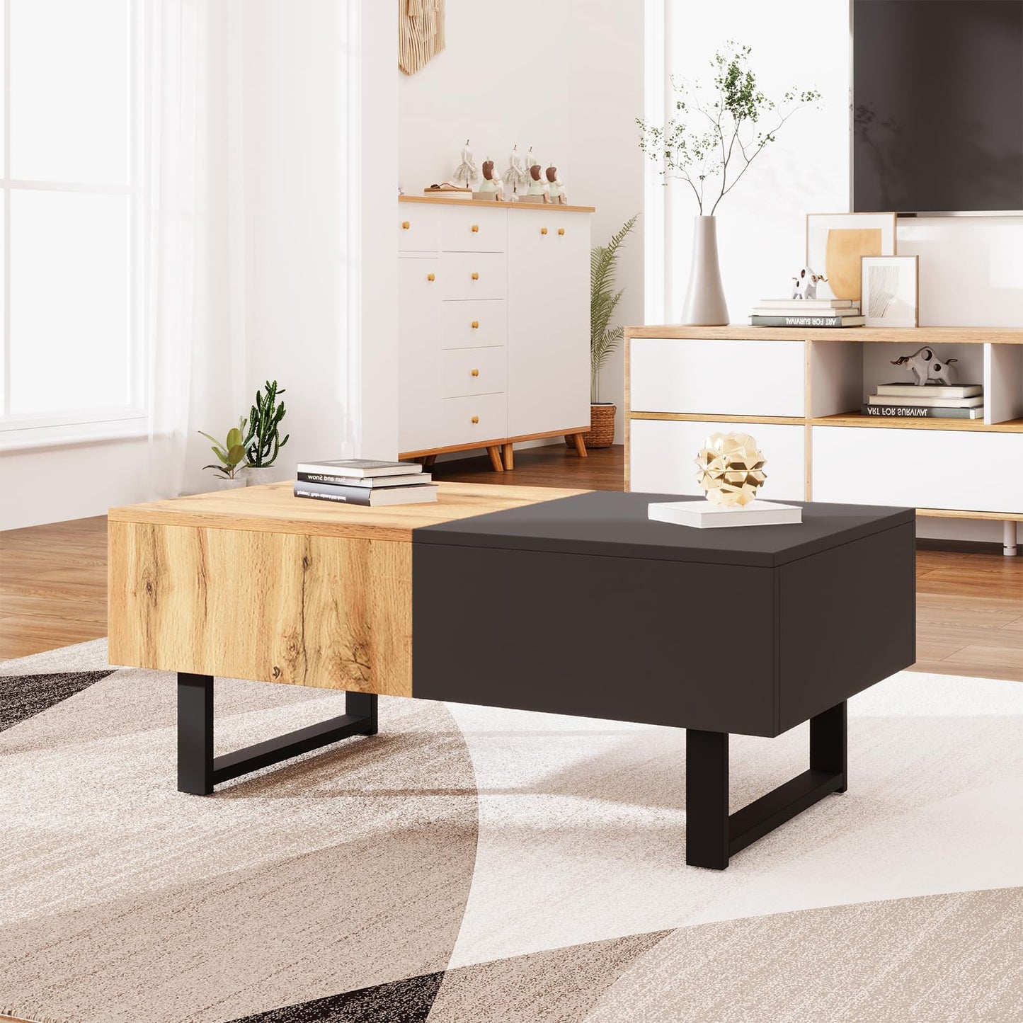 Table basse,Table basse salon,Table basse anthracite, table basse coulissante moderne multifonctionnelle avec rangement caché, support en bois et métal de haute qualité, table basse 155 x 55 x 22 cm