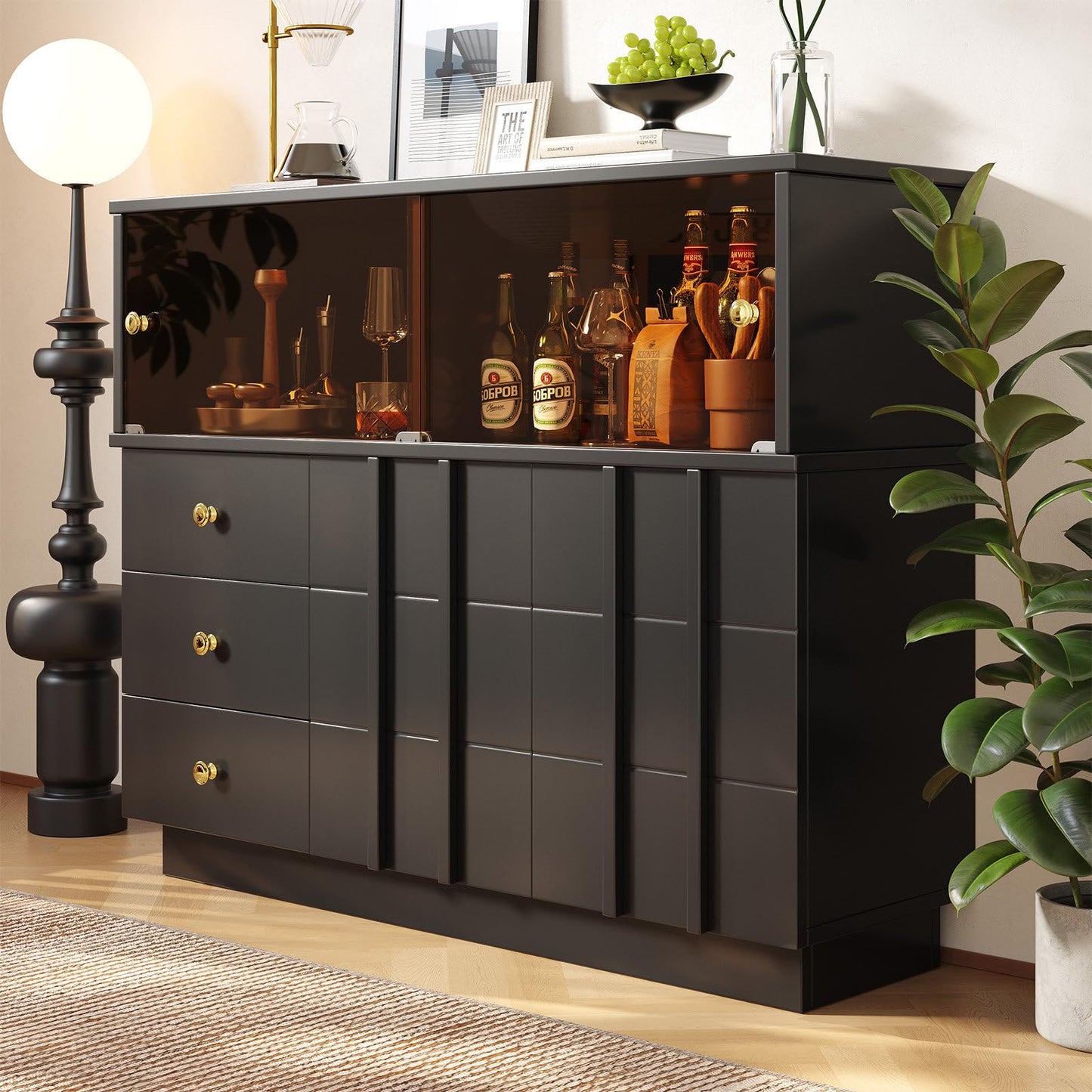 Sideboard Mit Glastür, Küchenschrank, Kommode, Modern Mehrzweckschrank für Wohnzimmer, Esszimmer Aufbewahrungsschrank 3 Schubladen, 2 Türen, Hohe Tragfähigkeit, 100 x 90.5 x 40 cm (B/H/T)