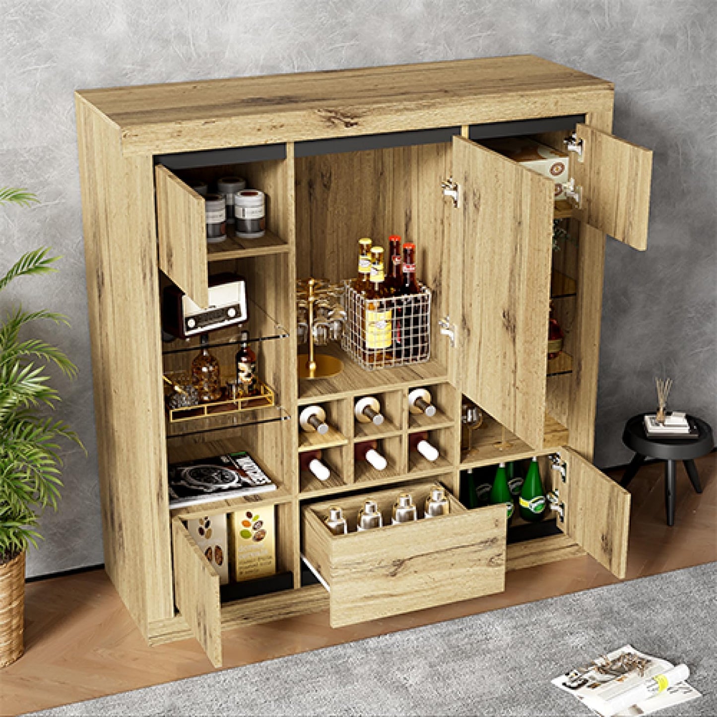 Peiaw Buffet,Buffet bahut Salon,Buffet Multifonctionnel,Meuble de Rangement,Buffet avec 5 Portes et casier à vin, étagère en Verre réglable, Buffet avec éclairage LED,110 x 38 x 115 cm