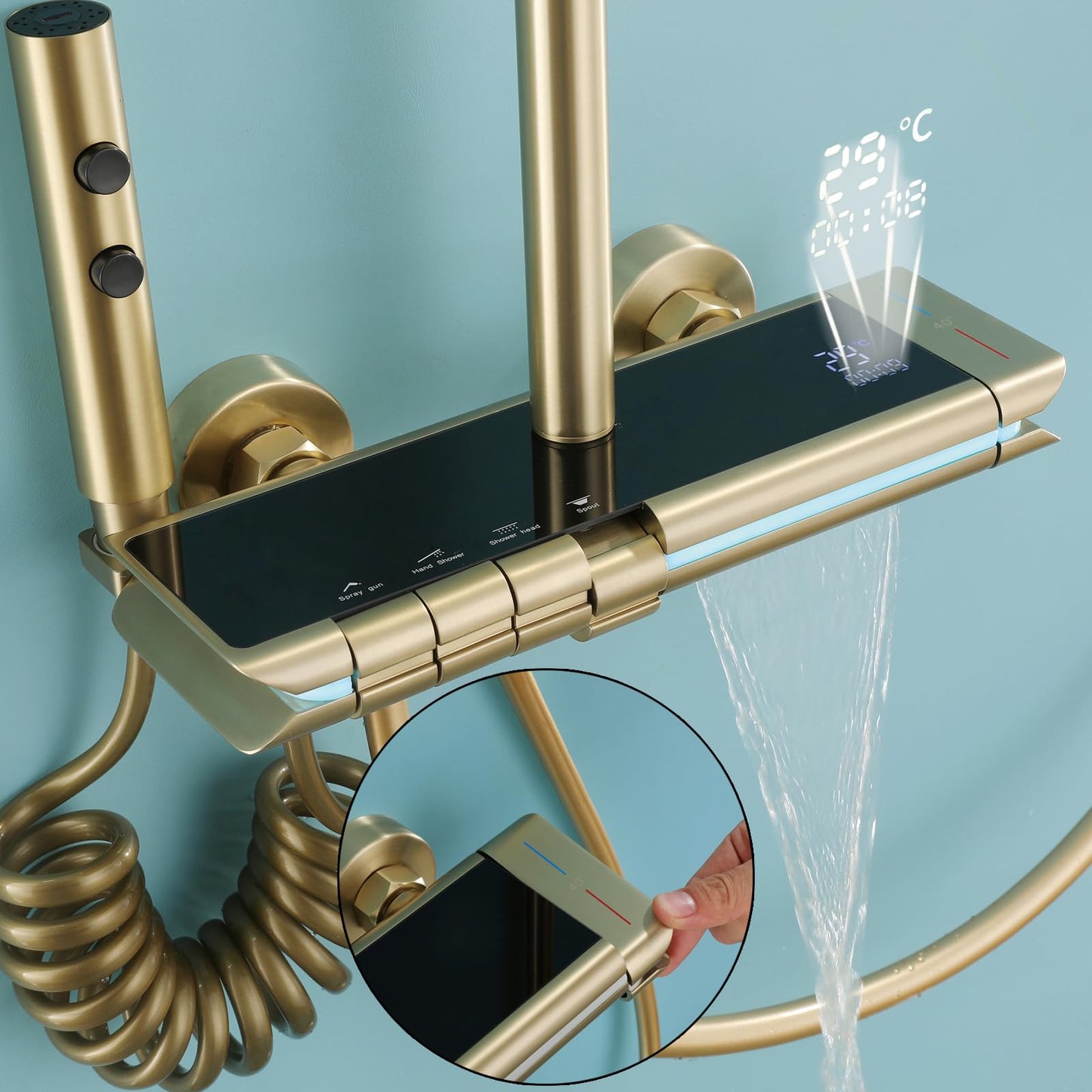 OihPaw Colonne de Douche Thermostatique avec Mitigeur,Système de Douche Affichage Numérique Kit de Douche Réglable Hauteur Ensemble Douche avec Douche de Tête,Or Brossé