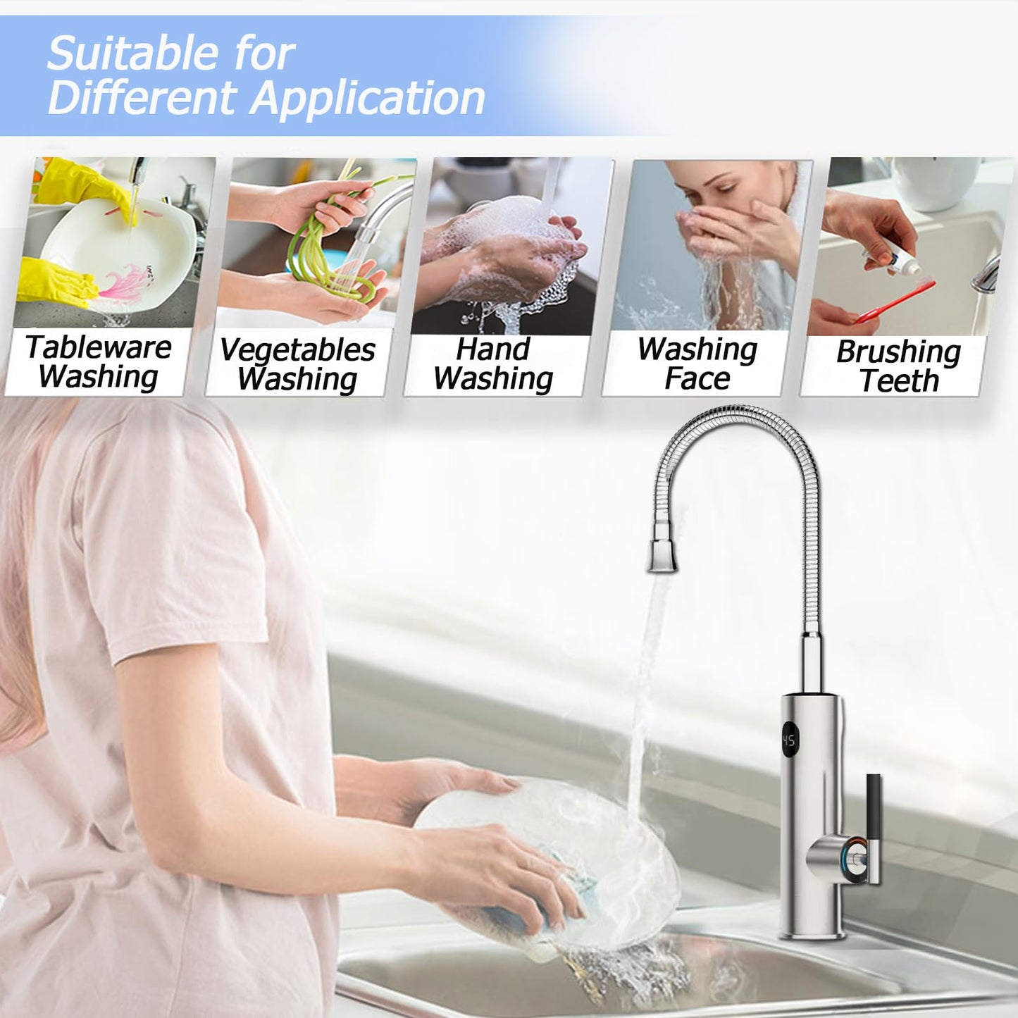 Robinet Électrique Сhauffe Eau Instantané, Affichage Digital Robinet Chauffant Instantané 3200W Robinet Cuisine Chauffage Électrique 360° Rotatif Flexible Robinet D'eau Chaude Électrique