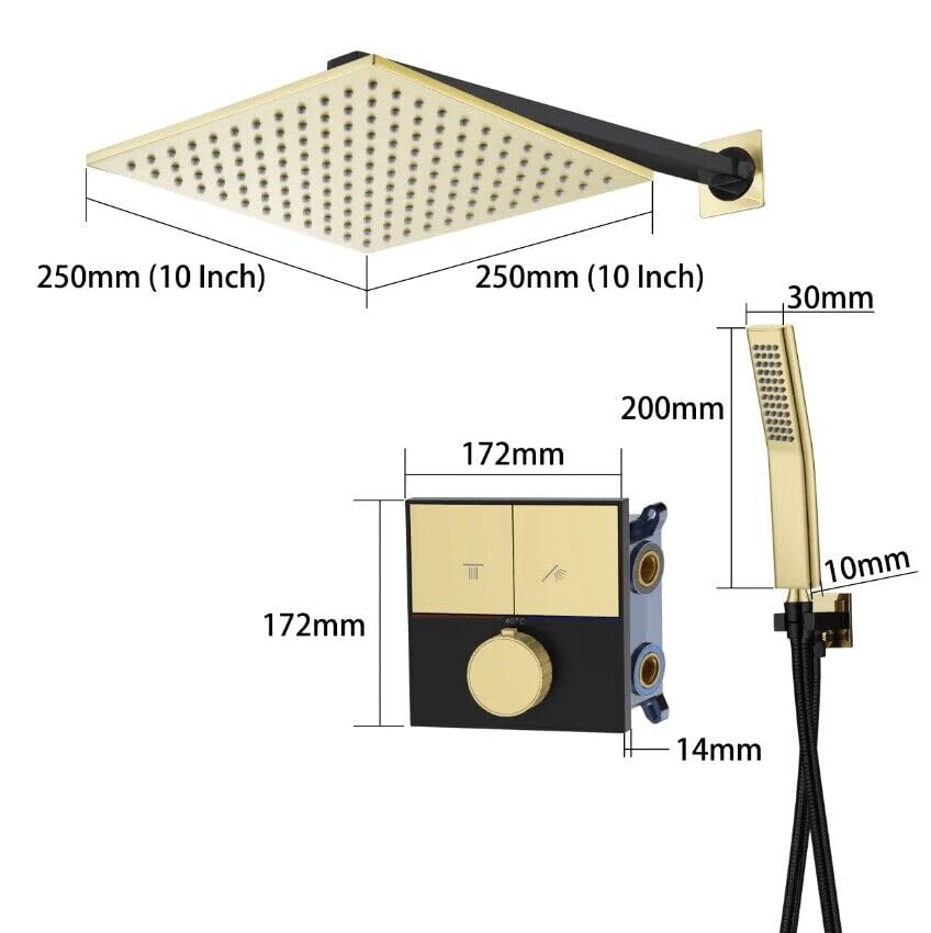 Colonne de Douche Thermostatique, Noir et Or Brossé Colonne Douche Encastrable 2 Fonctions Ensemble de Douche Mural Kit de Douche avec Pommeau de Douche et Douchette