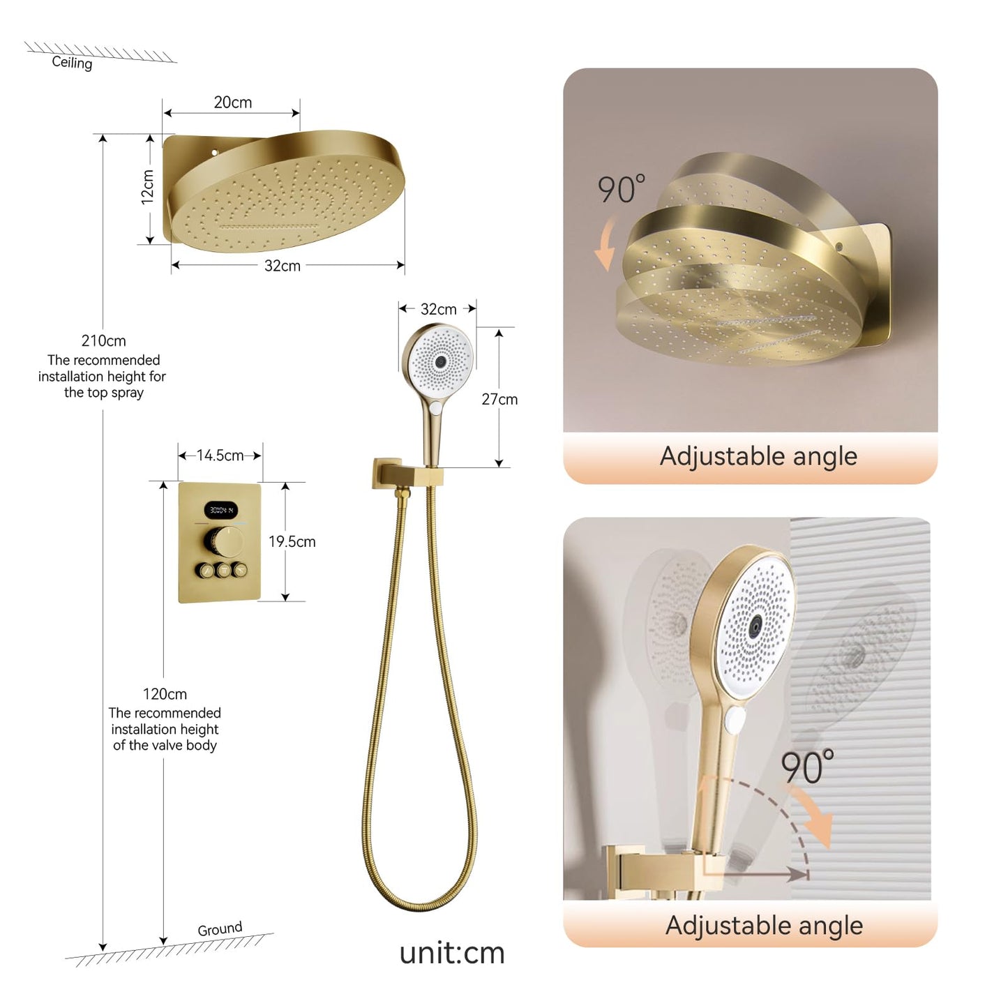 OihPaw Colonne de Douche Thermostatique Encastré Or Brossé Ensemble de Douche pour Salle de Bain avec Affichage Numérique,Système de Douche à Cascade et Pluie Rond Tête de Douche