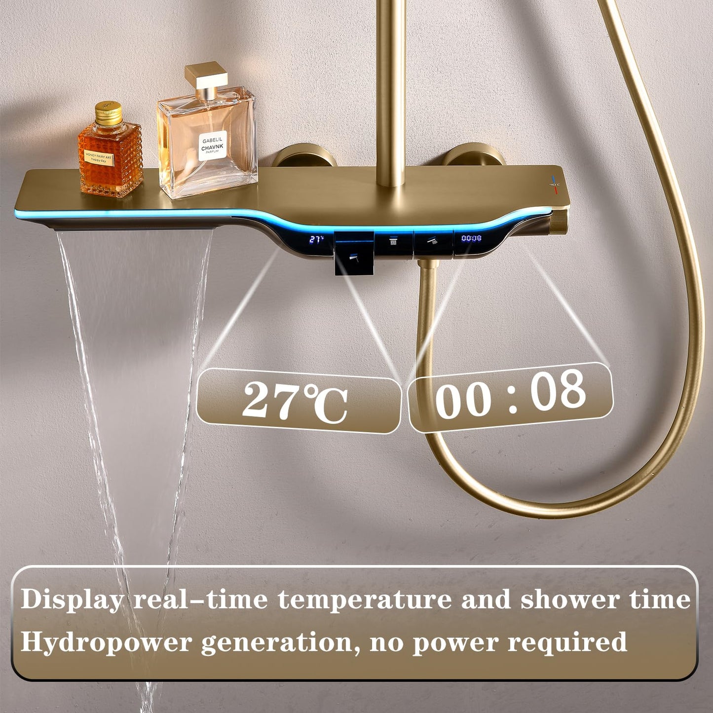 Colonne de Douche Thermostatique Colonne Douche Salle de Bain Affichage Numérique Colonne de Douche avec Mitigeur, Or Brossé Hauteur RéGlable Ensemble de Douche avec Douchette