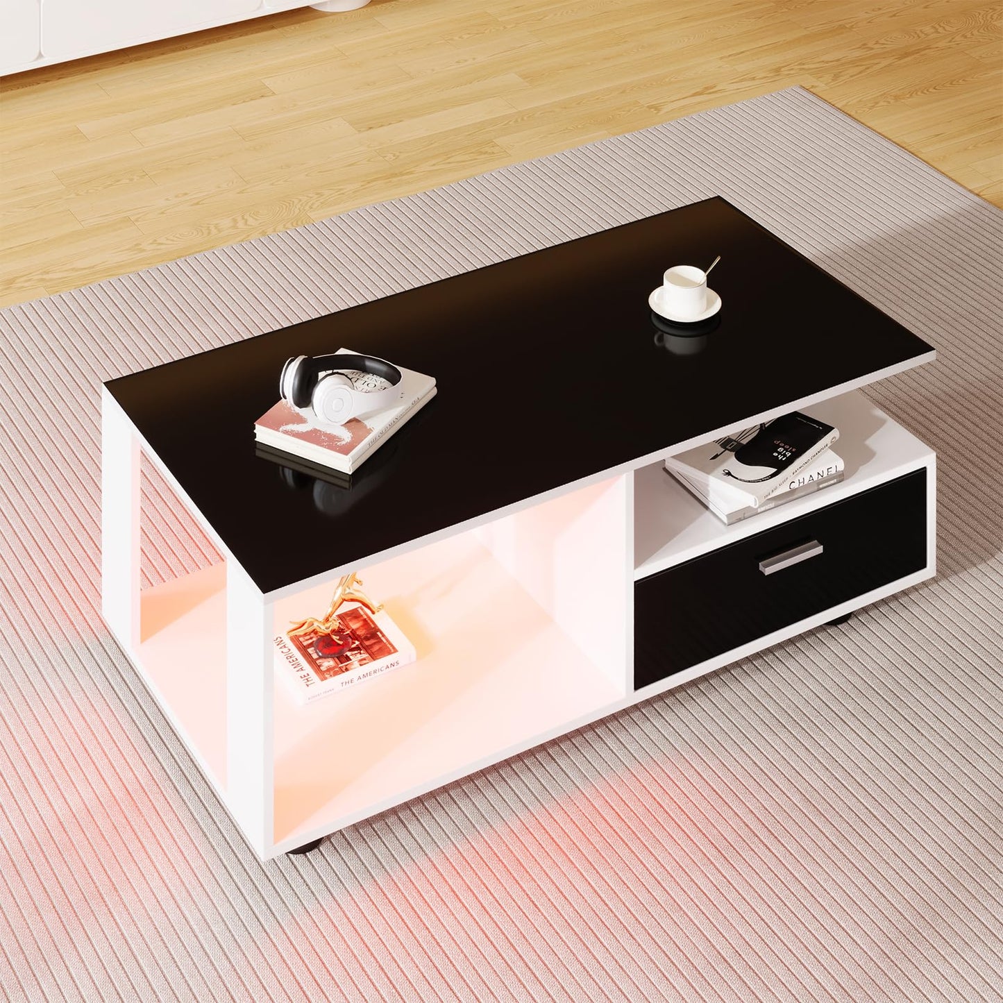 Table basse,Table basse salon,Table basse blanche et noire,Table basse LED moderne,Avec plateau noir brillant,Avec espace de rangement,Table basse avec deux tiroirs,Table basse 110 x 38,5 x 55 cm