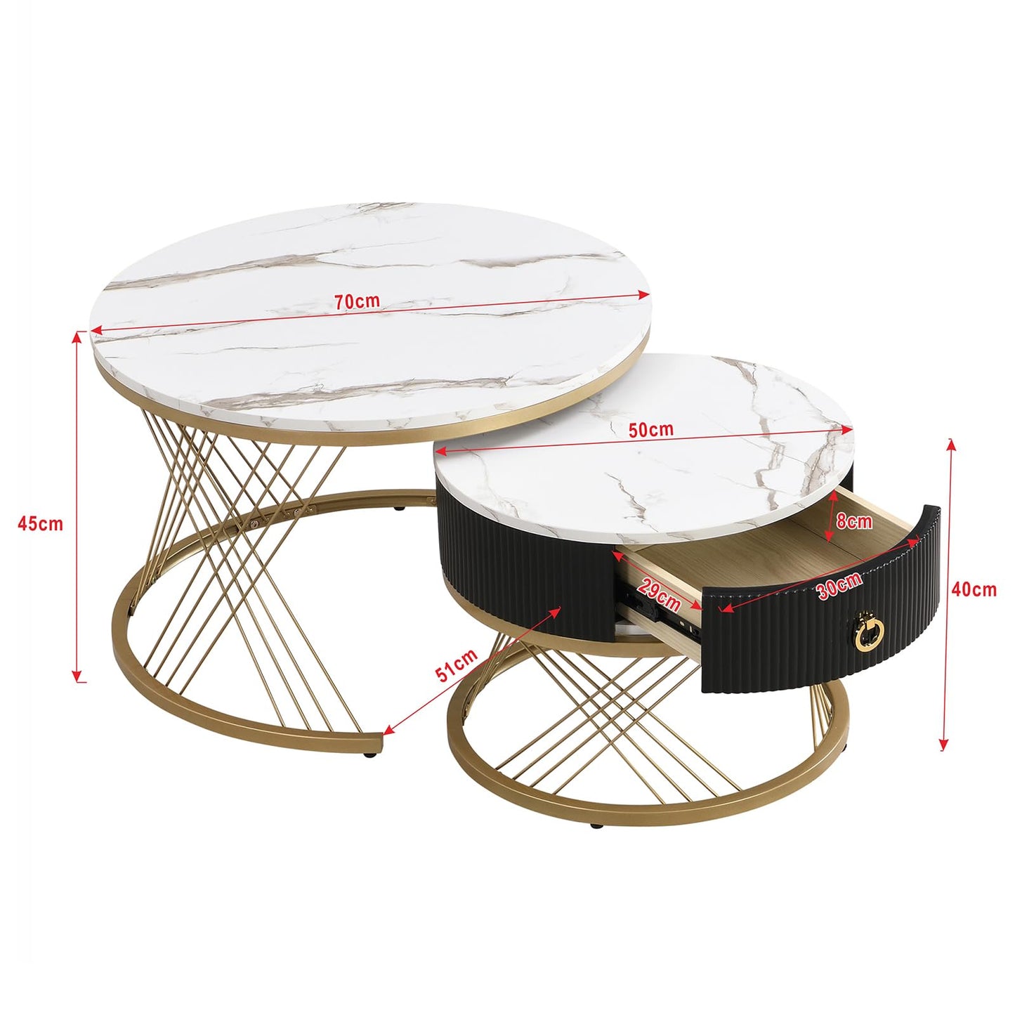 Table Basse,table basse ronde blanc,Lot de 2 Tables Basses de Salon Gigognes avec tiroirs, table de salon moderne aspect marbre et structure en acier doré, table de salon 70x70x45cm et 50x50x40cm