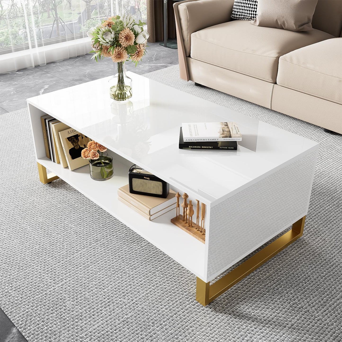 Table basse,Table basse salon,Table basse brillante,Table basse carrée avec tiroirs,équipée de deux portes,Poignées et pieds dorés,avec compartiment de rangement ouvert,Table basse 107x40,5x55 cm