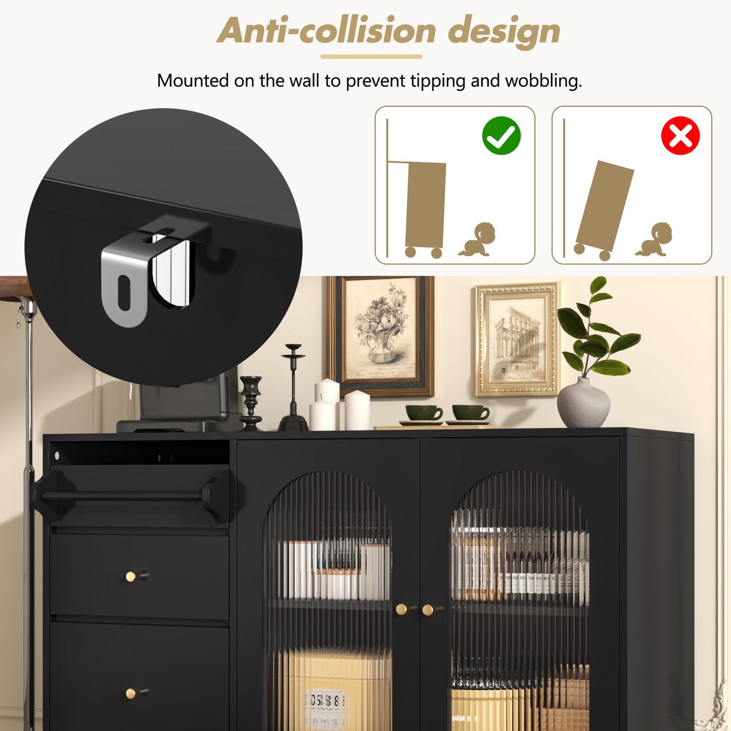 Buffet Salon Minimaliste Buffet Cuisine avec Porte en Verre Changhong et Porte-serviettes, Armoire de Rangement Élégante, Bahut pour Salle à Manger, Mobilier Moderne Multifonctionnel, Blanc/Noir