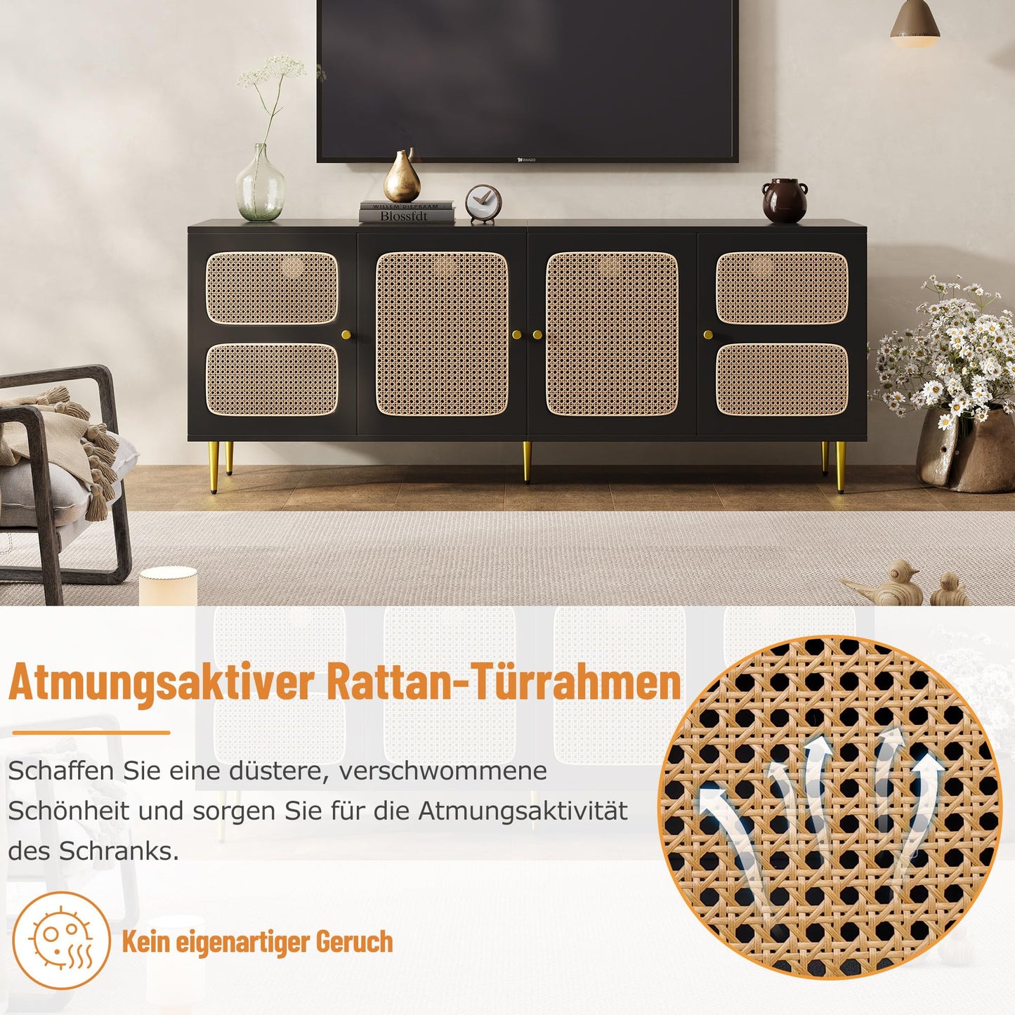 Meuble TV Blanc Banc TV en Rotin avec 4 Portes en Rotin,pour Téléviseurs Jusqu'à 80 pouces,180x40x72cm, Meubles TV élégants pour Salon Chambre,étagères réglables en Hauteur, Grand Espace de Rangement