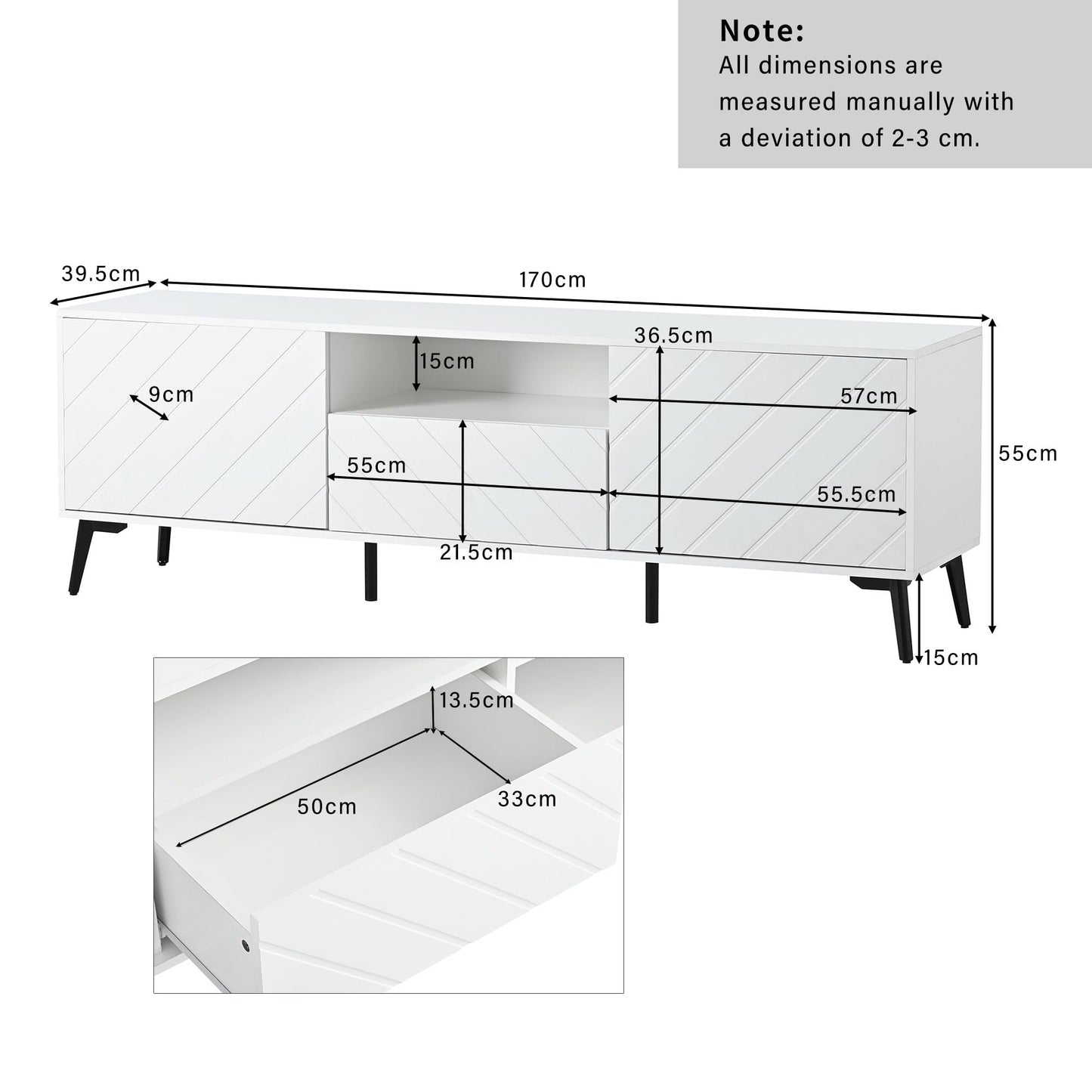 170cm Meuble TV Blanc pour TV 70 pouces, Moderne et Simple Banc TV avec 2 Portes et 1 Tiroir, Séparateurs Internes Réglables, Pieds en Métal Robustes avec Coussinets Souples, Facile à Assembler