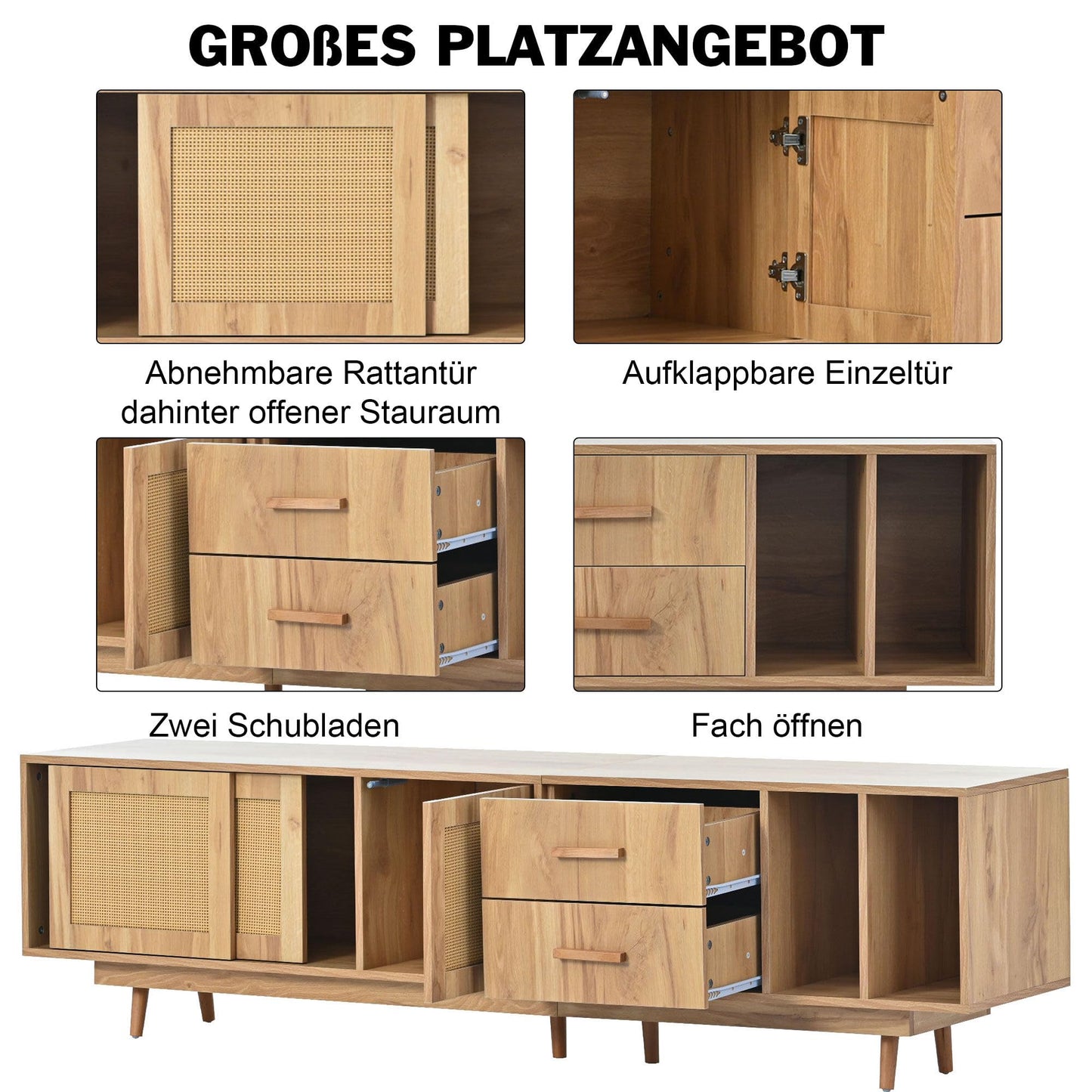 Meuble TV de Style Bohème en Rotin pour Téléviseurs de 80 Pouces, Meubles TV Bois, Banc TV Rustique avec 2 Casiers, 2 Tiroirs, 2 Étagères Ouvertes, Chambre Meuble Salon, 190x40x52 cm, Chêne Naturel