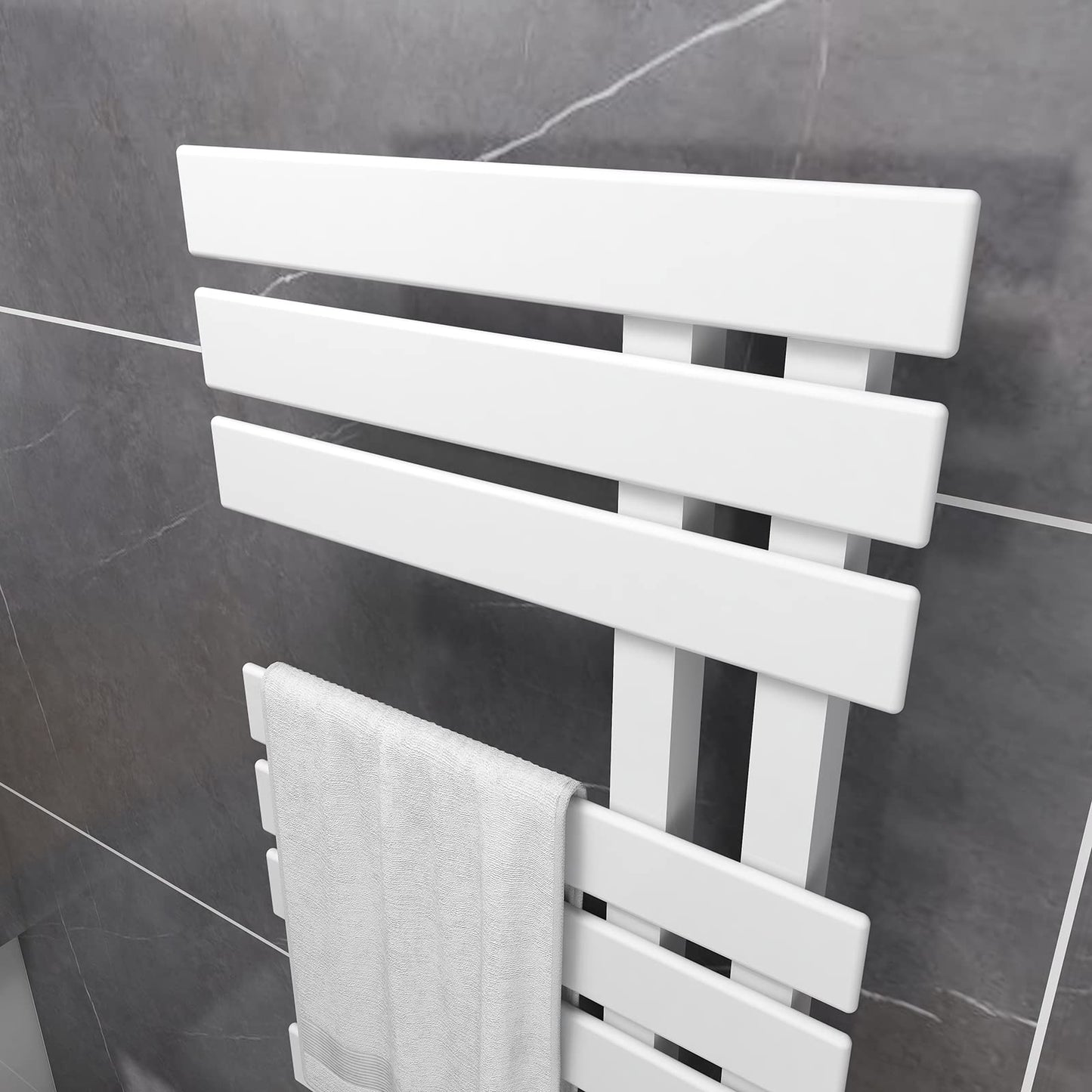 Elektrischer Handtuchhalter, 500 x 1100 mm, intelligenter thermostatischer Handtuchwärmer, wandmontierter Badezimmerheizkörper, beheizter Handtuchtrockner, energiesparend, LED-Anzeige, weiß rechts