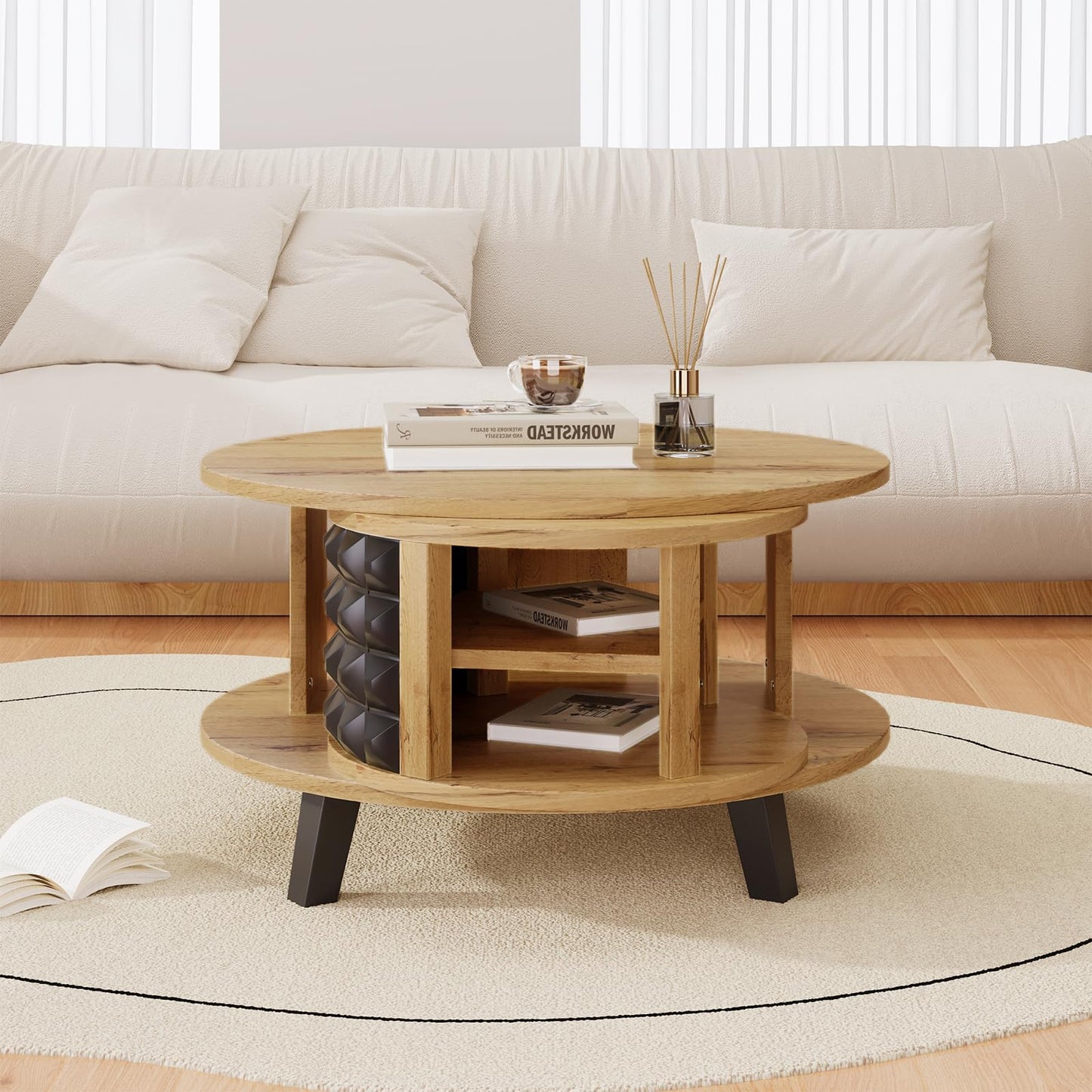 Table basse, table pivotante, table basse ronde, avec étagère interne cachée, table basse couleur bois avec pieds noirs, étagère de rangement rotative à 360 degrés, table basse 85,2 x 80 x 45,2 cm