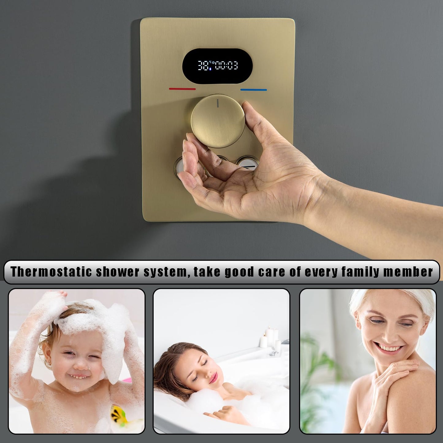 OihPaw Colonne de Douche Thermostatique Douche Encastrable Affichage Numérique Colonne de Douche Encastrable Or Brossé Ensemble de Douche avec Pommeau de Douche,Douchette