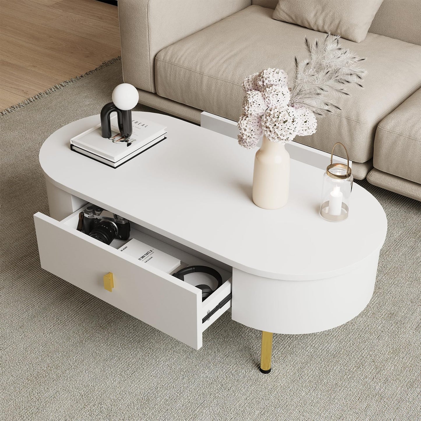 Peiaw Table Basse,Table de Salon,Table Basse Moderne,Table Basse avec tiroir,Table Basse de Salon Blanche,Poignées dorées et Coins incurvés,1 tiroir,Table Basse 108 x 50 x 40 cm