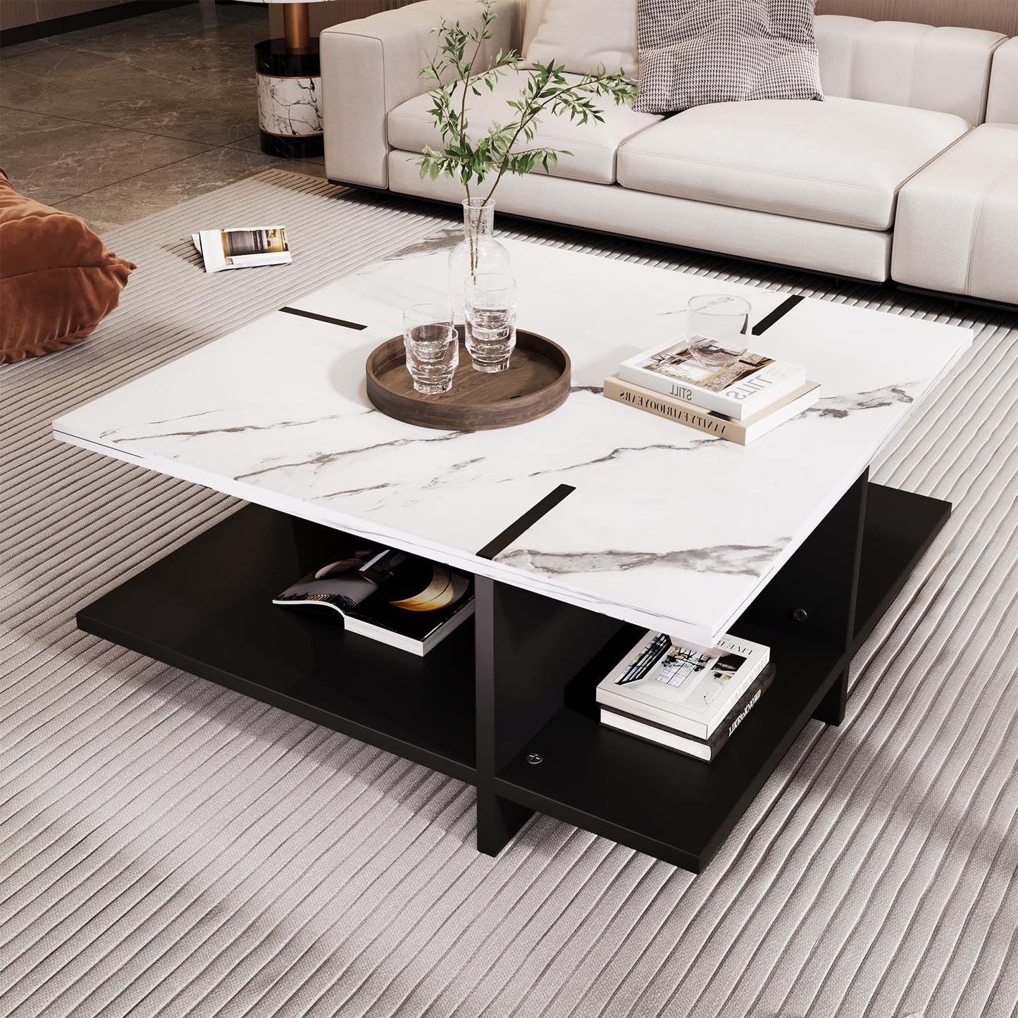 Peiaw Table Basse,Table Basse Blanche et Noire,Table Basse carrée,Table Basse Aspect marbre Blanc,Table Basse Moderne et Minimaliste,Quatre Compartiments de Rangement Ouverts,Table Basse 72x72x32cm