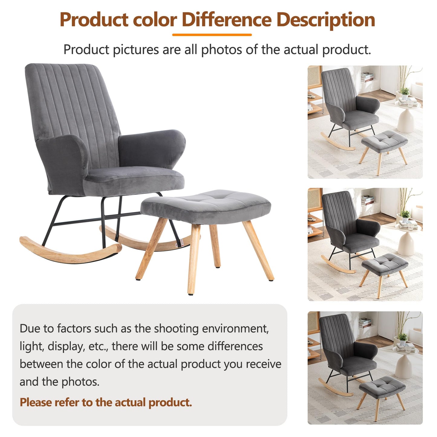 Gris Fauteuil À Bascule, Chaise de Lecture avec Velours, Rocking Chair Hauteur 97 cm, Largeur D'assise 45 cm avec Repose-Pieds (48*37*37 cm), Chaise a Bascule Approprié Coucher, Salon, Dortoir
