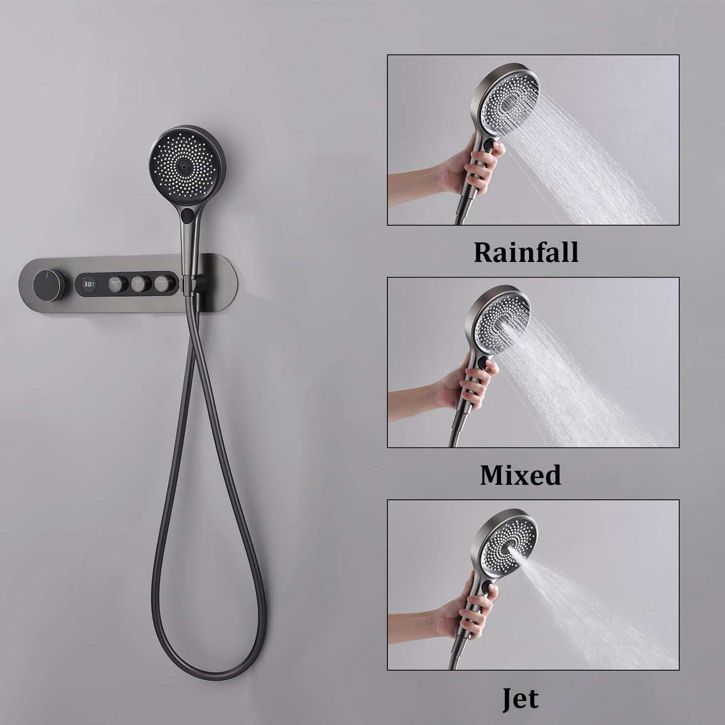 Colonne de Douche Thermostatique, Gris Pistolet Colonne Douche Encastrable Affichage Numérique Ensemble de Douche Mural Forme du Spot Kit de Douche avec Pommeau de Douche et Douchette
