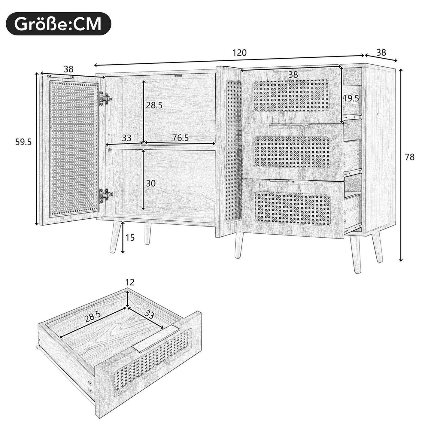 Meuble de Rangement, Buffet de Cuisine avec 2 Portes et 3 Tiroirs, Armoire de Salon Conception de Tissage en Rotin, Étagère Rangement Étagères Réglables, Poignée en Métal Peint, 120x38x78cm