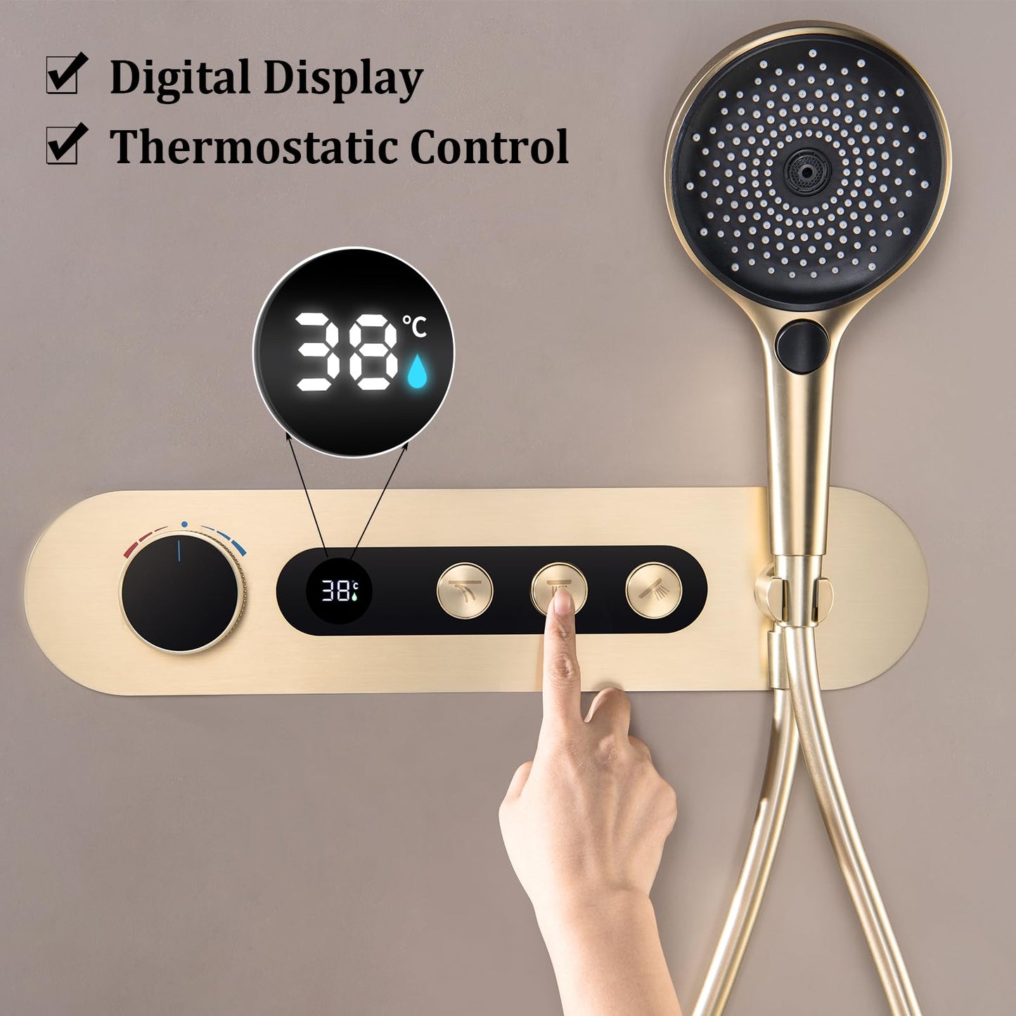 Colonne de Douche Thermostatique, Or Brossé Colonne Douche Encastrable Affichage Numérique Ensemble de Douche Mural Kit de Douche avec Pommeau de Douche et Douchette
