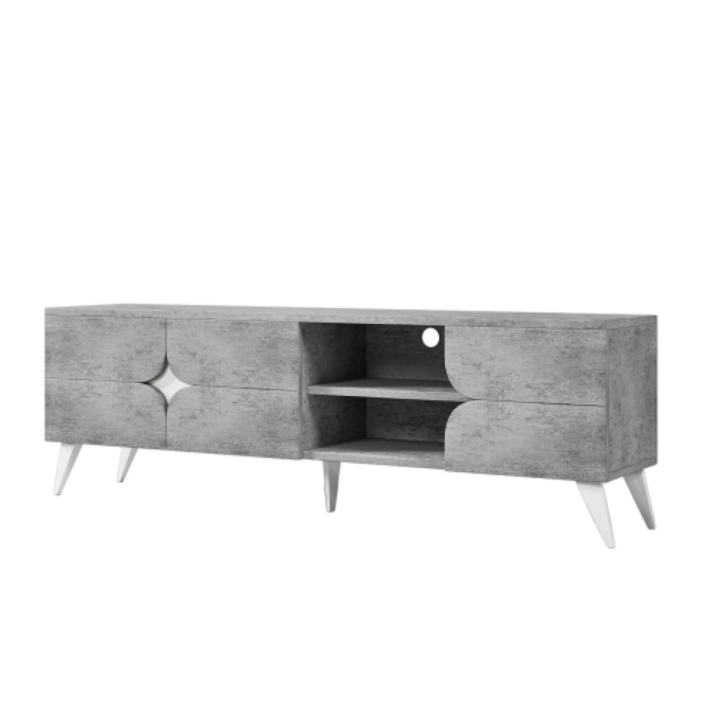 Meuble TV, Gris Ciment avec Meuble TV Blanc, Meuble TV à Compartiment Ouvert, Banc TV jusqu'à 50-59 Pouces, Meuble TV avec Portes d'armoire à Trois pétales, Taille du Meuble TV du Salon 160X40X51cm