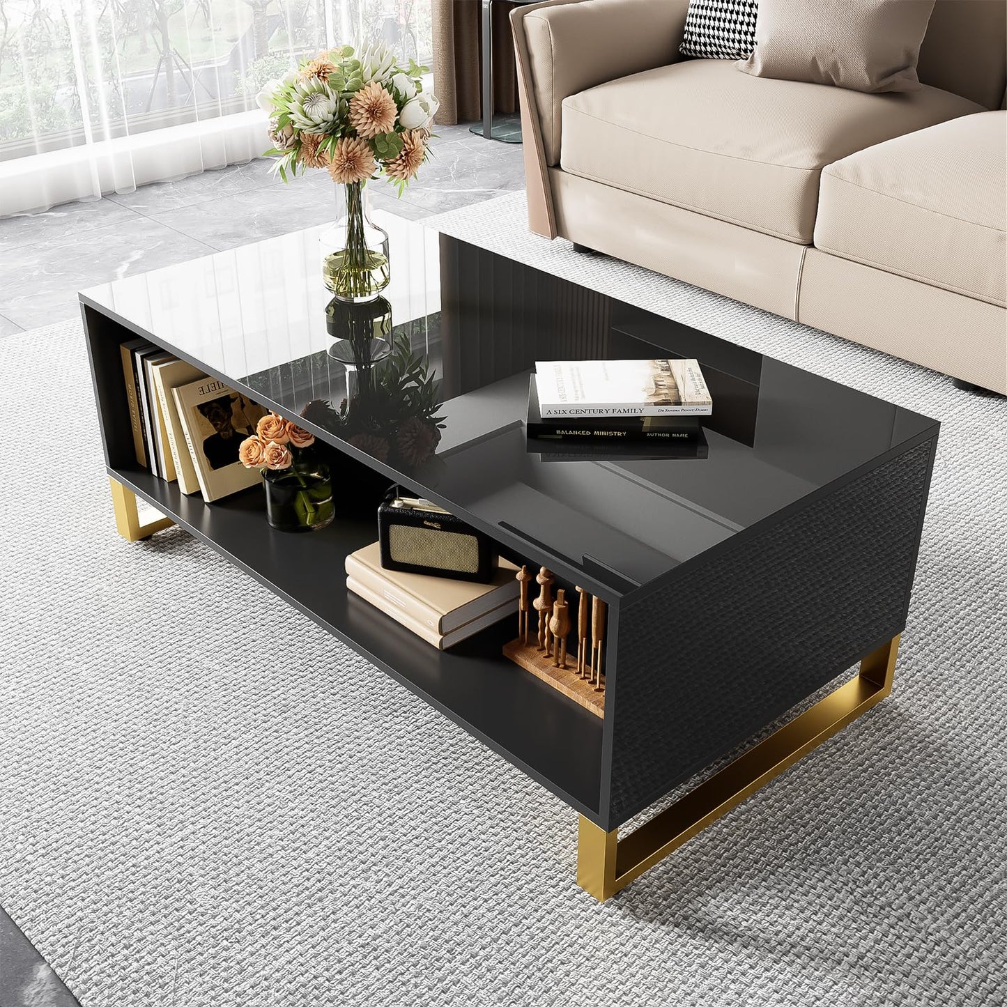 Table basse,Table basse salon,Table basse brillante,Table basse carrée avec tiroirs,équipée de deux portes,Poignées et pieds dorés,avec compartiment de rangement ouvert,Table basse 107x40,5x55 cm