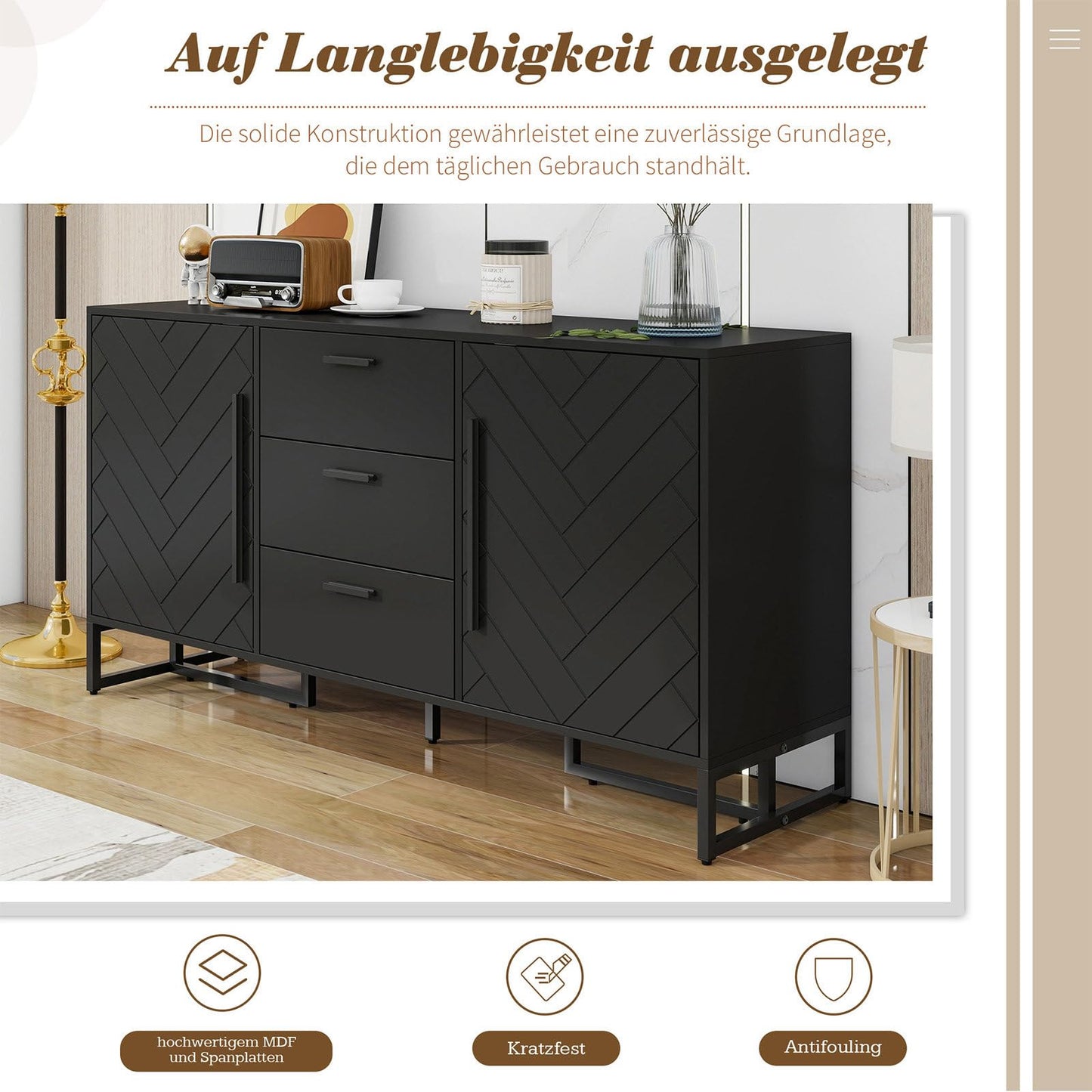 Sideboard, Kommode 2 Türen und 3 Schubladen, Küchenschrank Schwarz Moderner Stil, Mehrzweckschrank Hohe Tragfähigkeit, Verstellbare Regale, Mattschwarzer Griff, 145 x 75 x 40 cm (B/H/T)