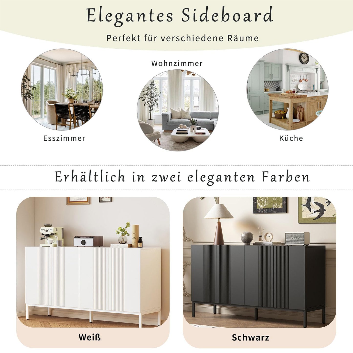 Sideboard mit 4 Türen, Küchenschrank, Mehrzweckschrank für Wohnzimmer, Kommode, 4-türig grifflose Tür, Metallrahmen, Regal Höhenverstellbar, Hohe Tragfähigkeit, 145 x 80 x 41.5 cm (B/H/T)