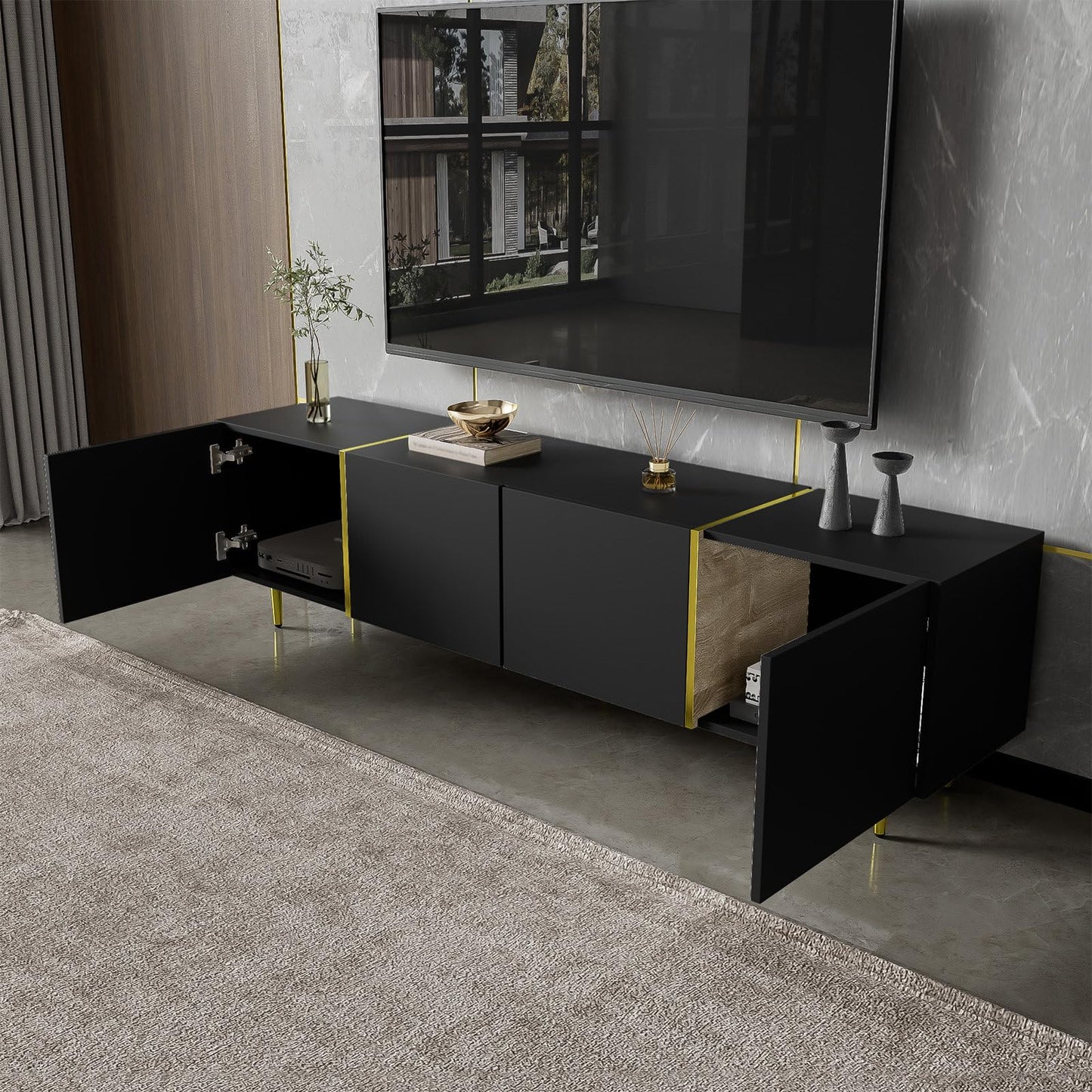 Meuble TV 170cm, Meuble Télé de Salon Quatre Portes Haute Brillance, Armoire De Télévision avec 2 Ports de Gestion des Câbles, Table Télévision Peut Accueillir Un Téléviseur de 70 Pouces, 170x35x46cm