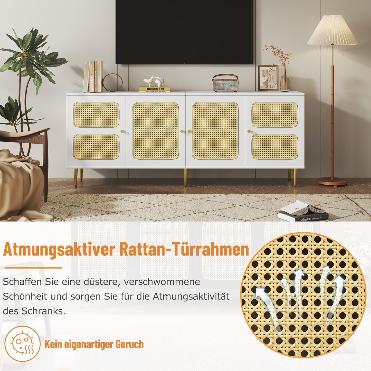 Meuble TV Blanc Banc TV en Rotin avec 4 Portes en Rotin,pour Téléviseurs Jusqu'à 80 pouces,180x40x72cm, Meubles TV élégants pour Salon Chambre,étagères réglables en Hauteur, Grand Espace de Rangement