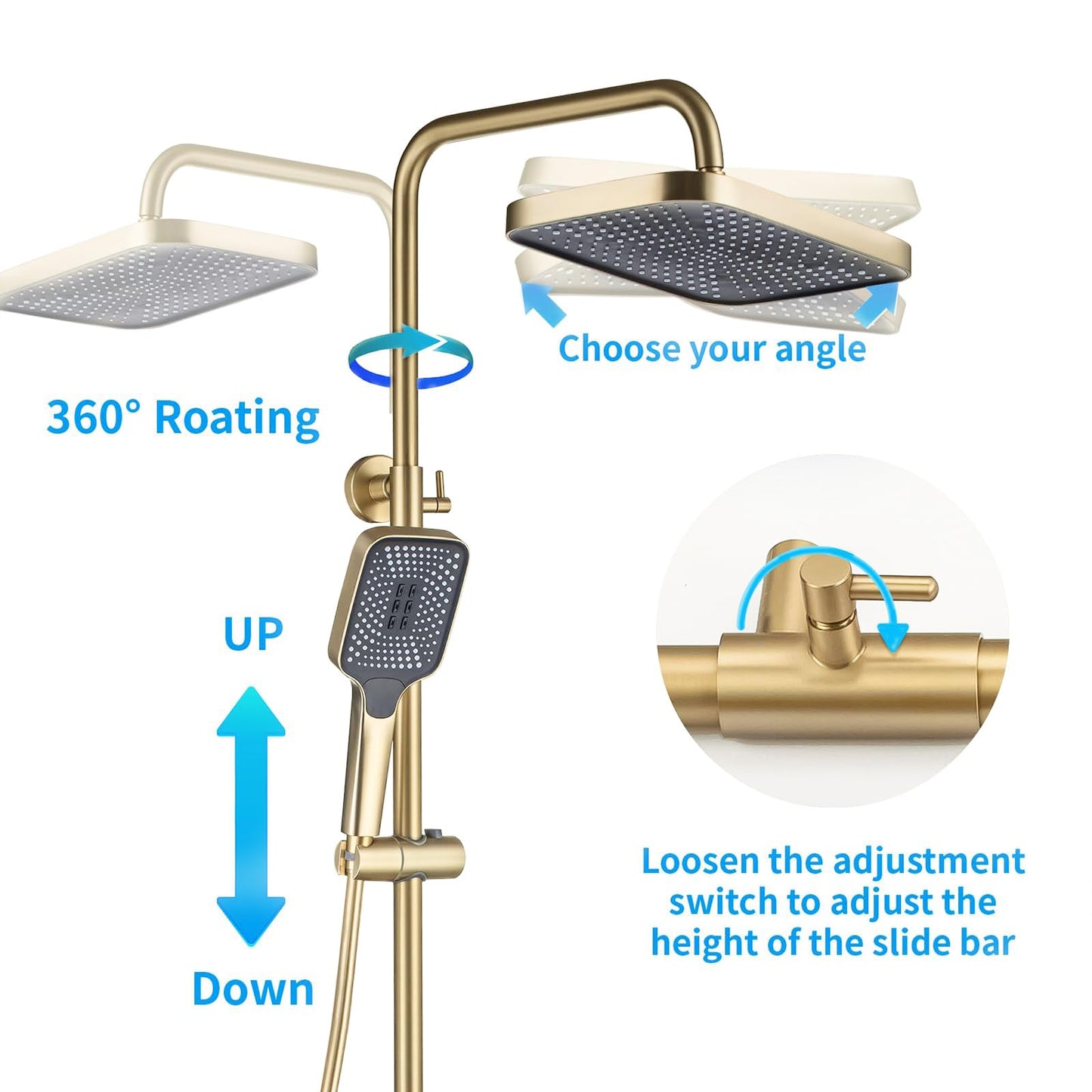 Colonne De Douche Thermostatique, Ensemble De Douche à Affichage NuméRique LED, Pomme De Douche 13 Pouces, Corps en Laiton, RéGlable en Hauteur, Pistolet Booster, avec Mitigeur Bain Encastré