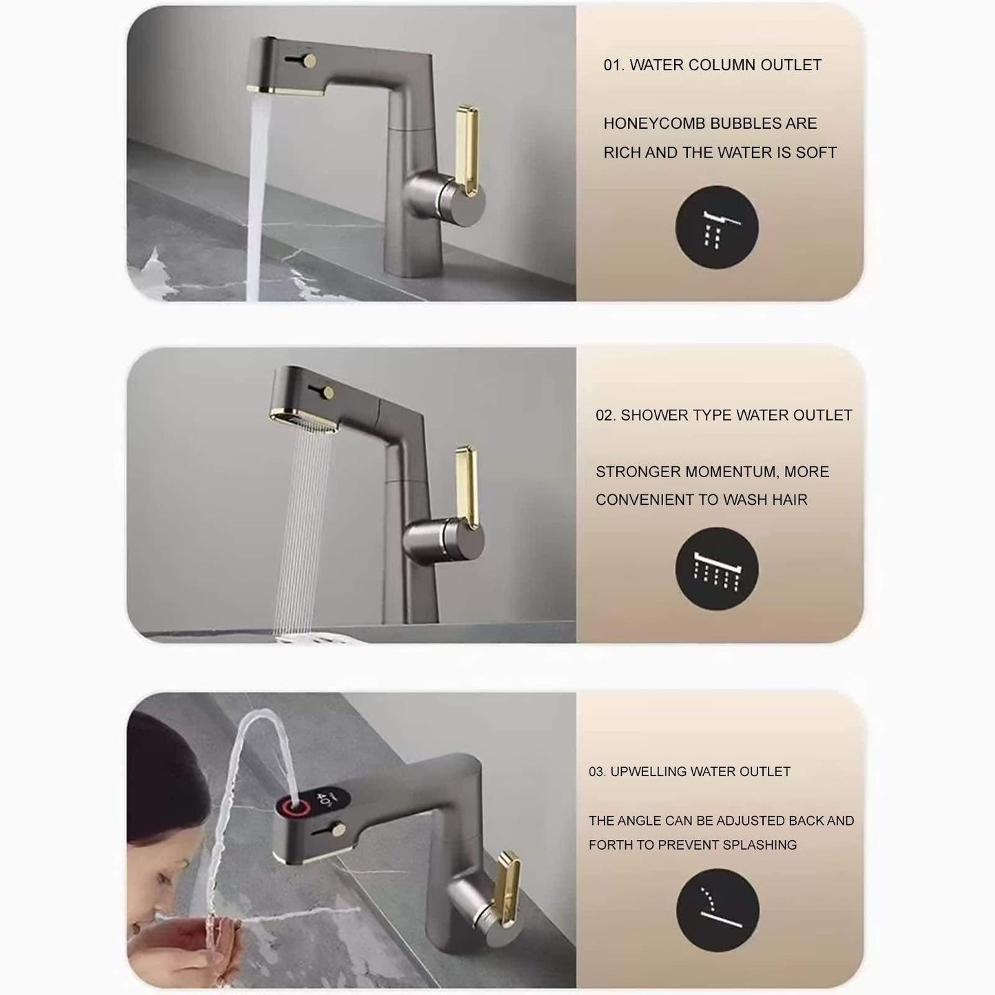 Robinet De Salle De Bain Avec PulvéRisateur Extractible, LED Affichage NuméRique De La TempéRature Rotation à 360 DegréS Robinet D'éVier De Salle De Bain Avec Trois Modes Gris