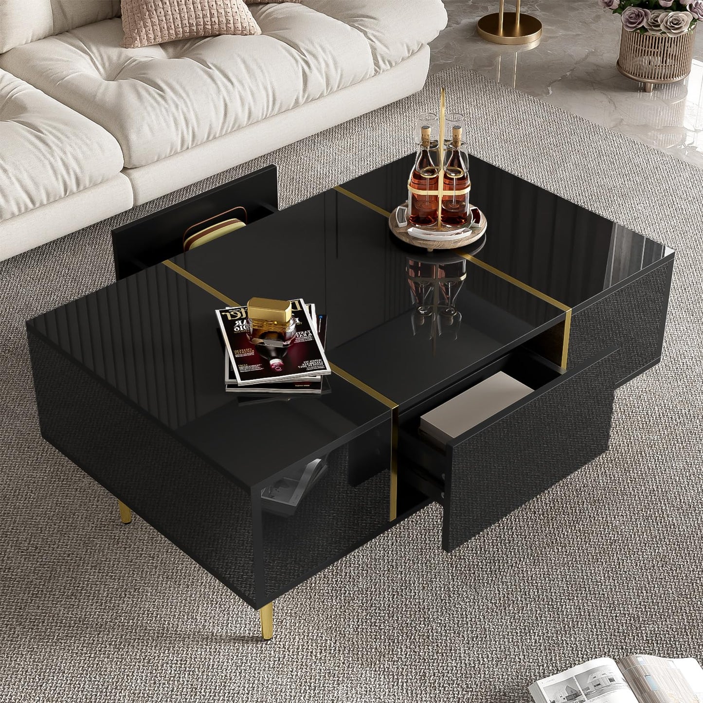 Peiaw Table Basse,Table Basse Salon,Noir Table Basse Brillante,Table Basse carrée Moderne,Table Basse avec Deux tiroirs,Pieds de Table dorés,Garde au Sol 19,5 cm,Table Basse 100 x 60 x 41,5cm