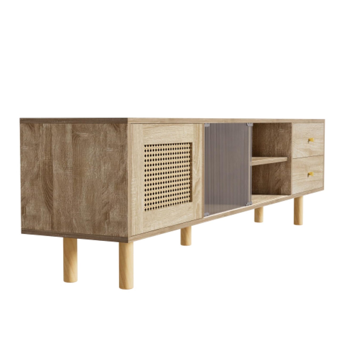 Meuble TV,Meuble TV avec Porte en rotin,Meuble TV en Bois avec Porte coulissante en Verre,Table TV, Banc TV avec Deux tiroirs,Meuble TV avec cloisons Ouvertes,Meuble TV Salon Dimensions 172x35x48cm