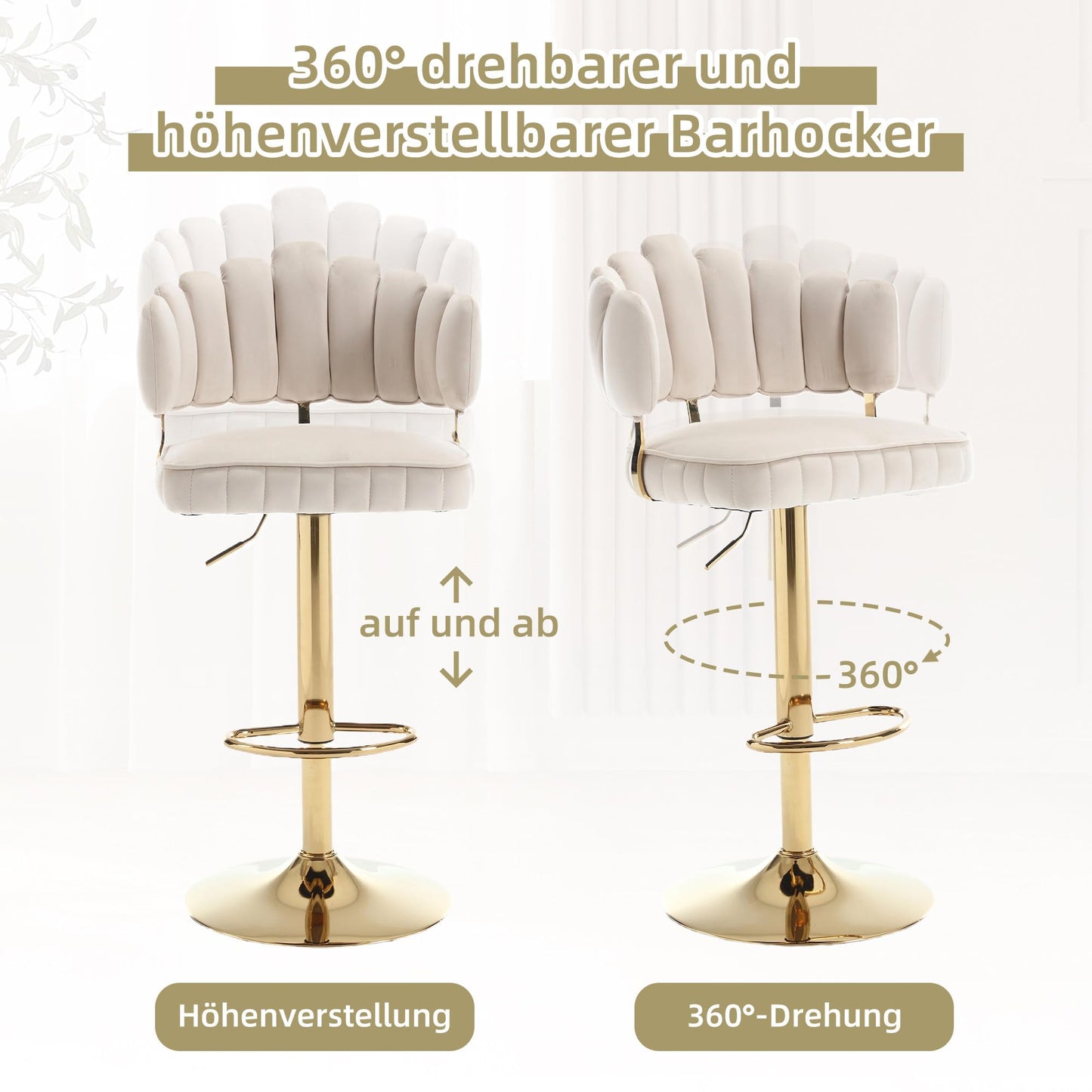 Tabouret Bar Lot de 2 Pivotants Velours Chaise de Bar à Hauteur Comptoir avec Dossier, Repose-pieds, Chaise Haute Bar Comptoir Réglables, Chaises D'îlot pour Salle à Manger, Noir/Gris/Ivoire/Émeraude