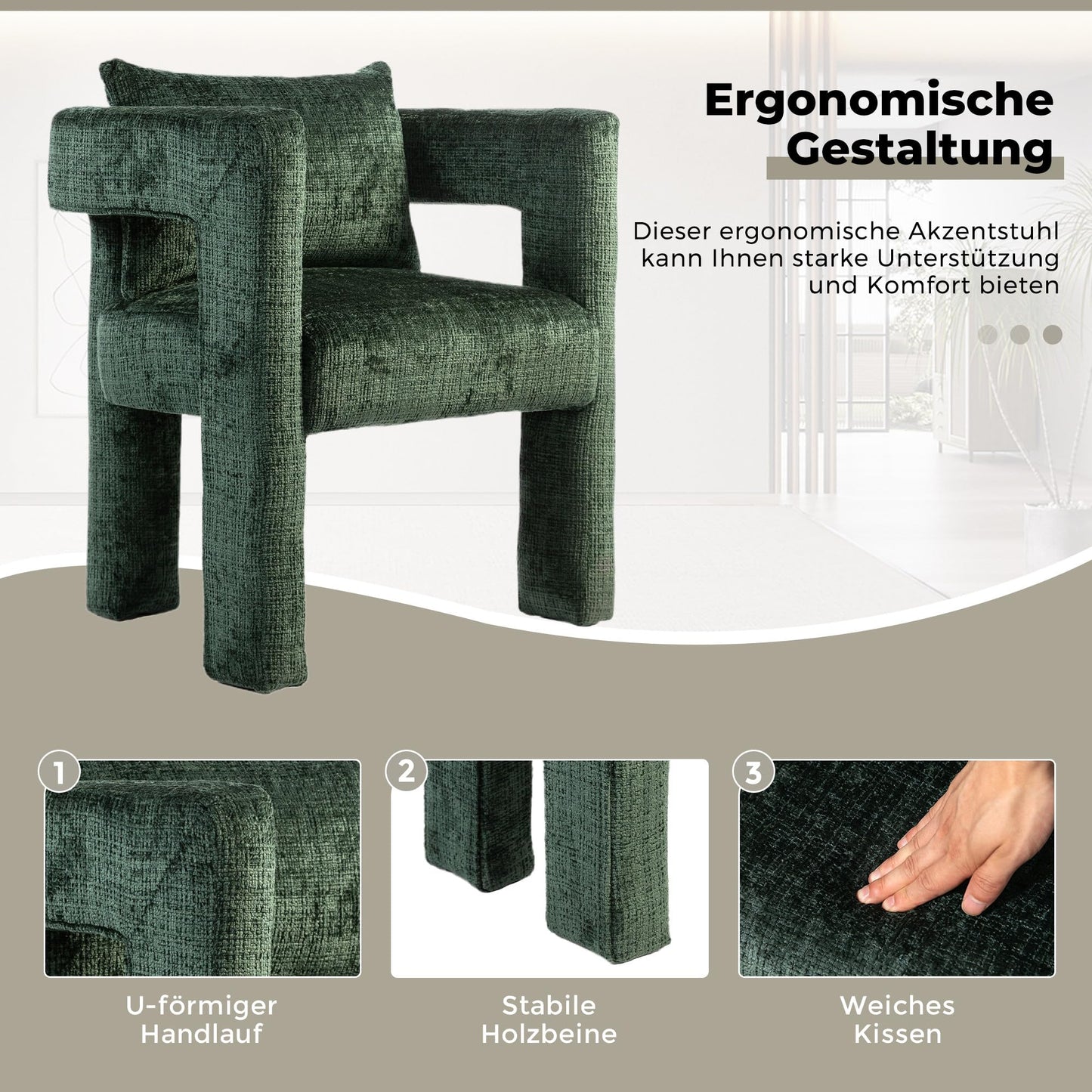 SHUGUANG Chenille Fauteuil de Loisirs, Fauteuil Salon Confortable Fauteuil Velours Utiliser Accoudoirs Creux, Chaise de Lecture avec Coussin Confortable en Vigueur Chambre à Coucher, Salon