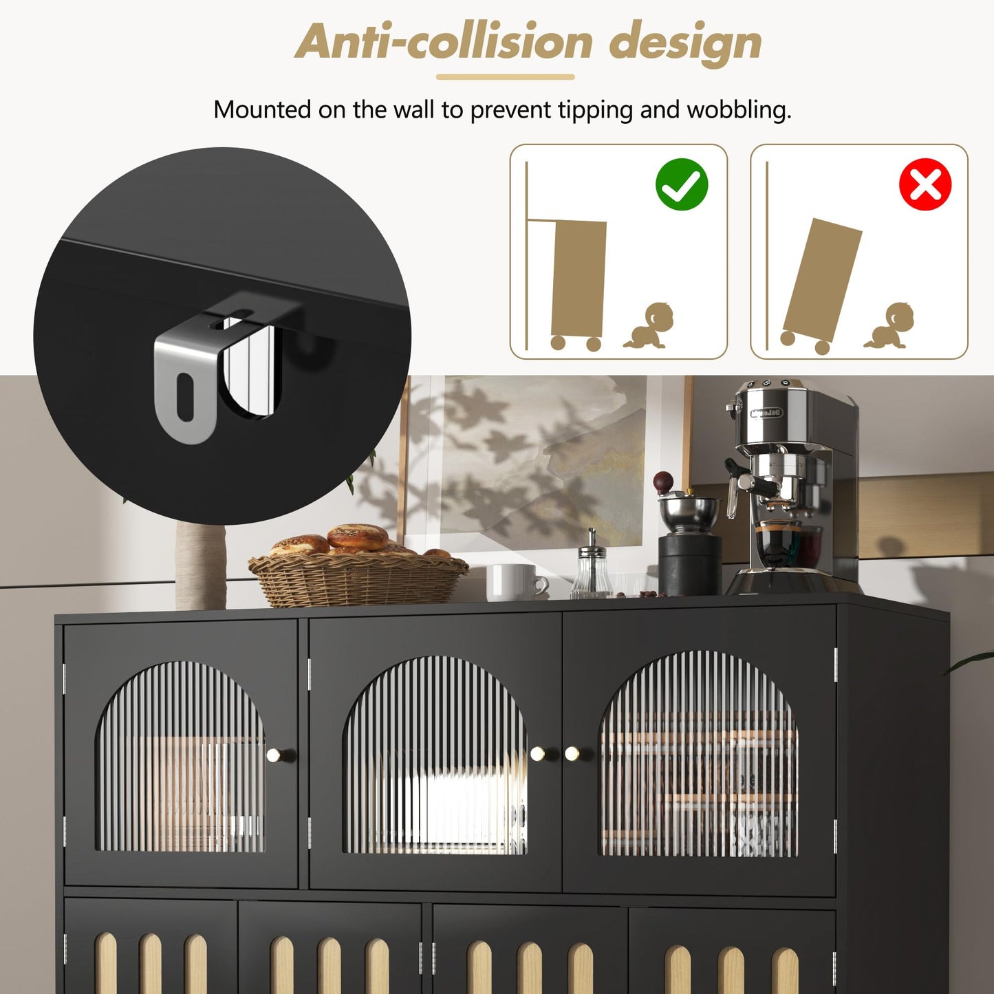 Buffet Salon Moderne, Longue Porte en Verre au Design Arc-en-ciel, Porte de Bar à clés de Piano, Pieds de Colonne Ronds, Armoire de Rangement Élégante, Armoire de Buffet au Design Unique, Blanc/Noir