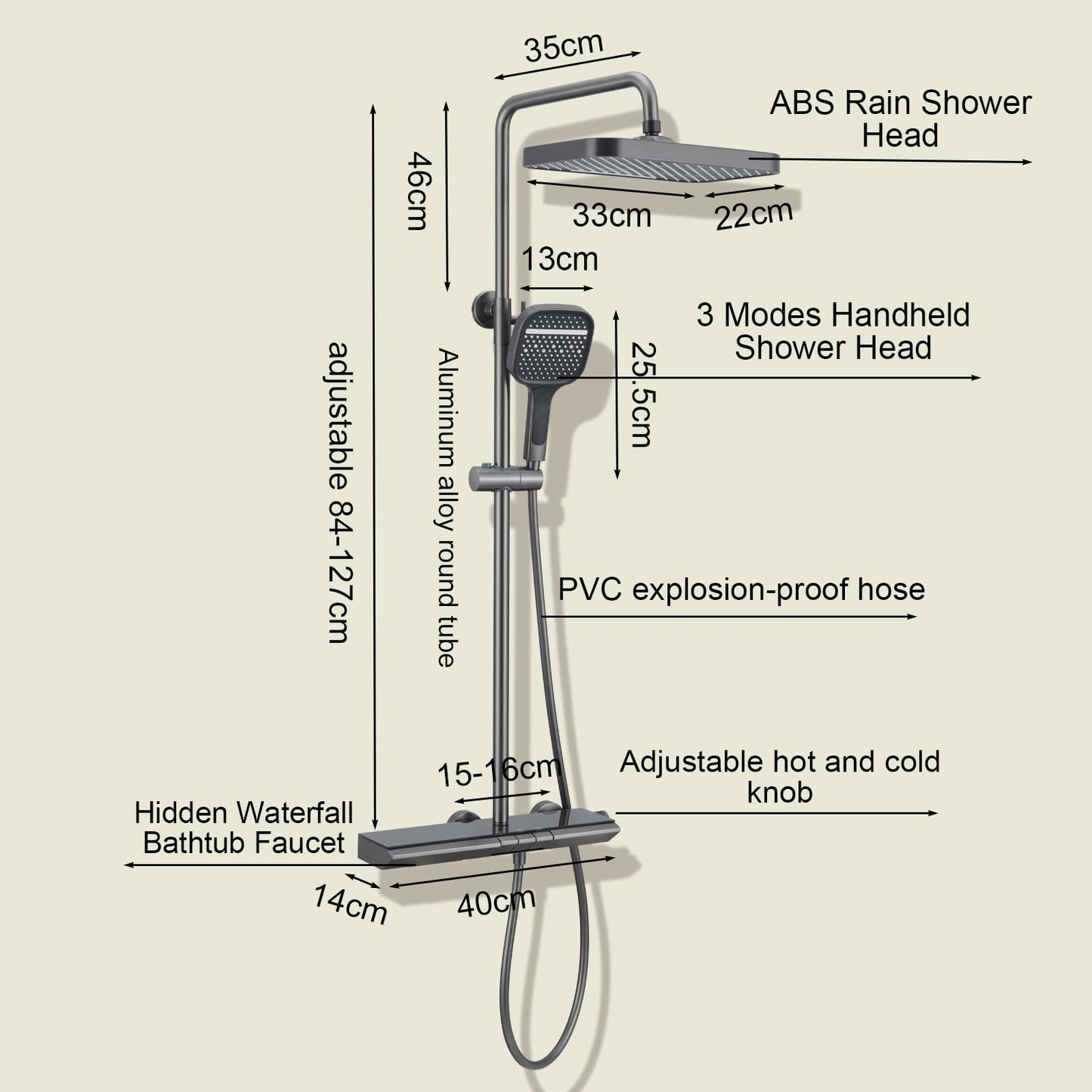 OihPaw Colonne de Douche Cascade,Piano Ensemble Douche 3 Fonctions Kit de Douche Hauteur Réglable Système de Douche Gris avec Mitigeur Cascade,Pommeau de Douche 3 Modes,Douche de Tête