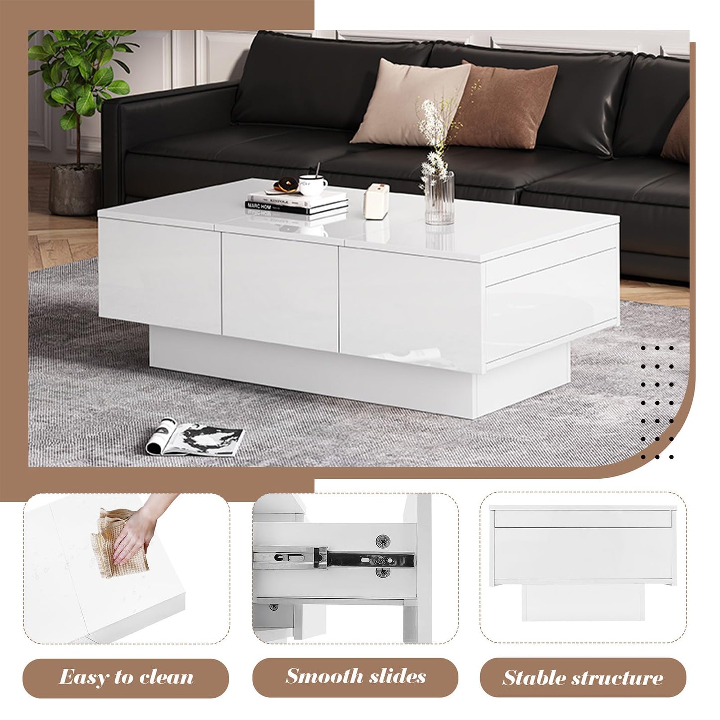 Peiaw Table Basse,Table Basse Blanche à Haute Brillance,Table Basse avec Fonction coulissante,Table Basse avec Deux tiroirs et Deux Compartiments de Rangement cachés,Table Basse 100 x 55 x 35 cm