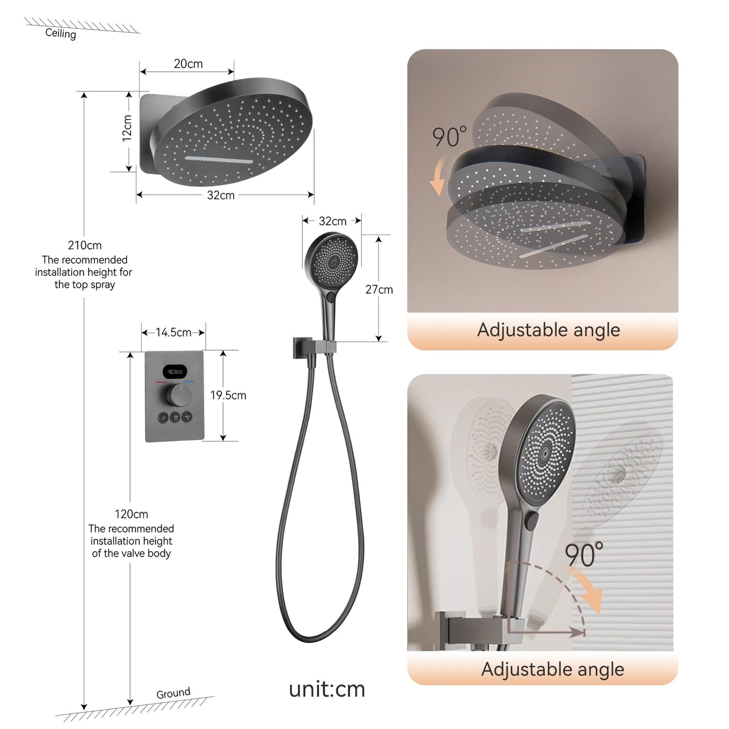 OihPaw Ensemble de Douche Encastré Colonne Douche Thermostatique Gris Système de Douche avec Affichage Numérique LED, 32CM Cascade et Pluie Tête de Douche Rond