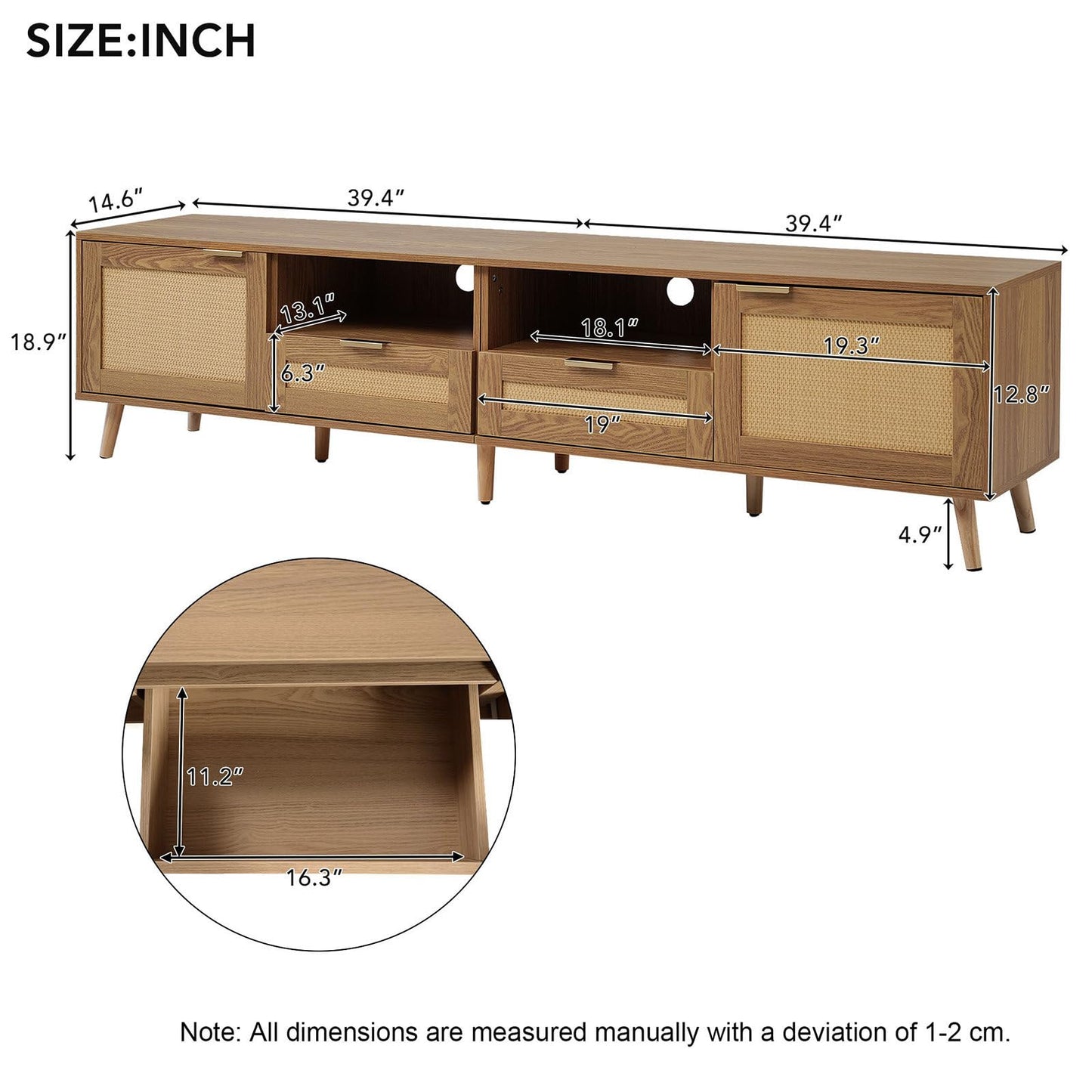 Meuble TV 200cm, Armoire De Télévision Rotin Tressé, Meuble Télé de Salon Pieds D'armoire Réglables, Table Télévision Convient Aux Téléviseurs de 90 Pouces, 2 Portes, 2 Tiroirs et 2 Étagères Ouvertes